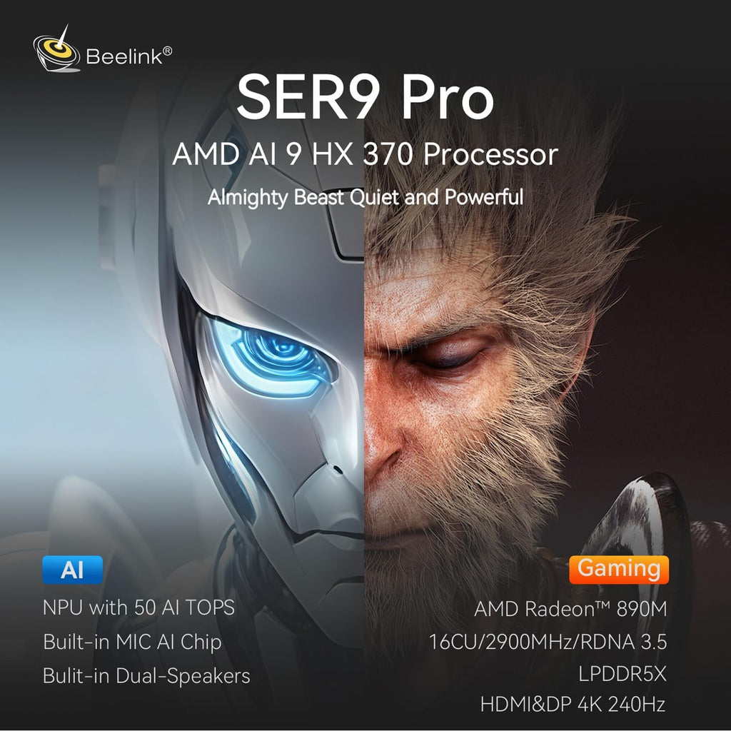 Beelink SER9 Pro Mini PC with AMD Ryzen AI 9 HX 370 (12C/24T, up to 5.1GHz) 32GB LPDDR5X 1TB NVMe M.2 SSD, 16Core 2900MHz Triple Display, USB4, 2.5G LAN, WiFi 6 (802.11ax), BT5.2, W-11 Mini Gaming PC