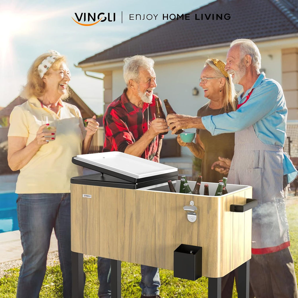 VINGLI 80 Quart Rolling Ice Chest on Wheels, Patio Cooler Cart, Beverage Rolling Cooler for Outdoor Patio Deck Party