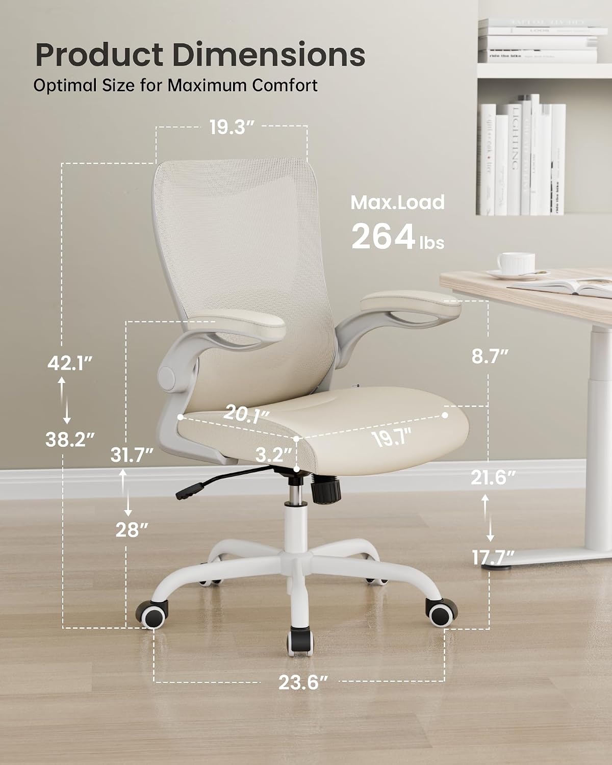 MUXX.STIL Office Chair, PU Leather Ergonomic Desk Chair with Adjustable Lumbar Support and Flip up Armrest, Breathable Mesh Computer Chair for Home Office, Khaki
