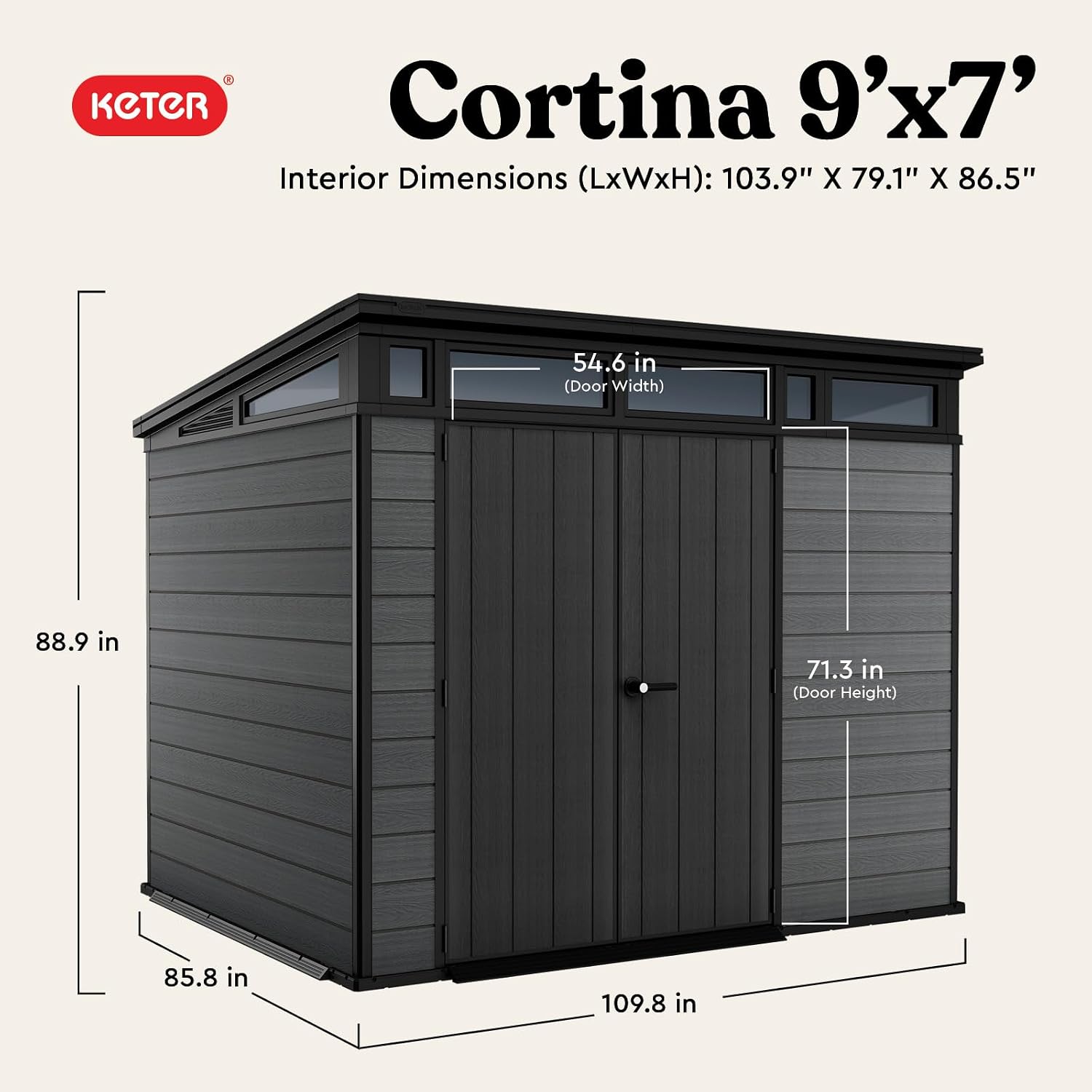 Keter Cortina 9x7 Ft All-Weather Storage Shed with Skylight, Window, Built-in Ventilation, Customizable Walls, & Lockable Double Doors, Graphite