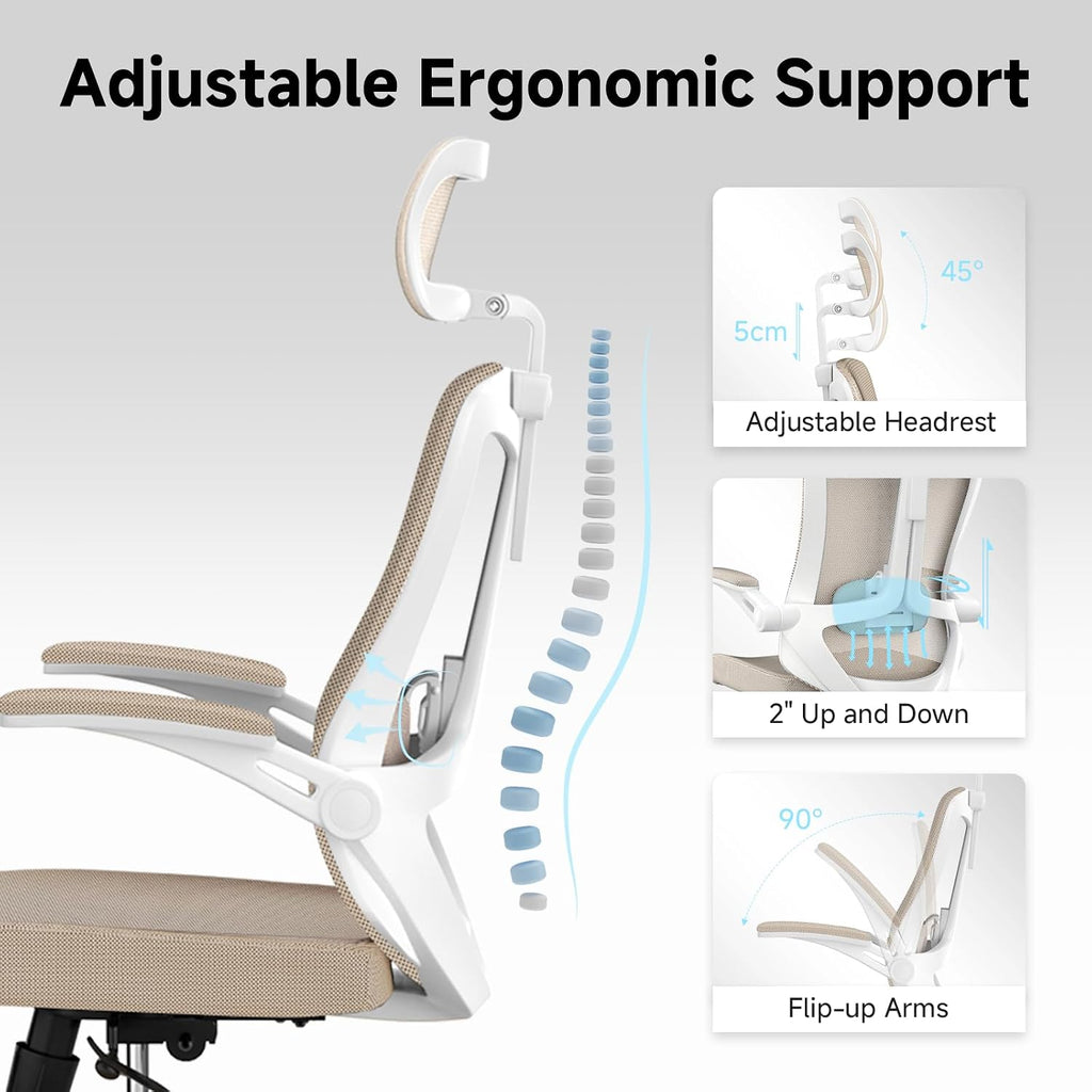 Ergonomic Office Chair with Adjustable Lumbar Support & Flip-Up Armrests - High Back Computer Desk Chair with Thickened Seat Cushion, Rolling Wheels for Home/Office Study Work (07khaki)