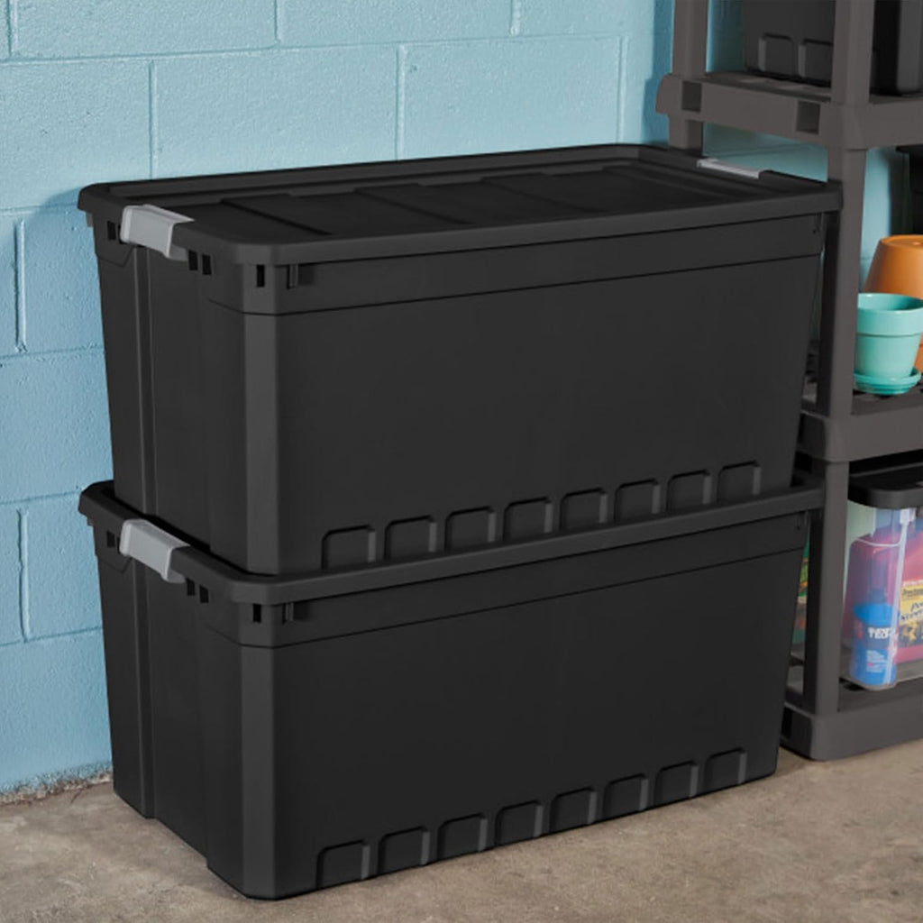 Sterilite 6-Pack Plastic Storage Bins with Lids, Stackable Containers, 50 Gallon, Black