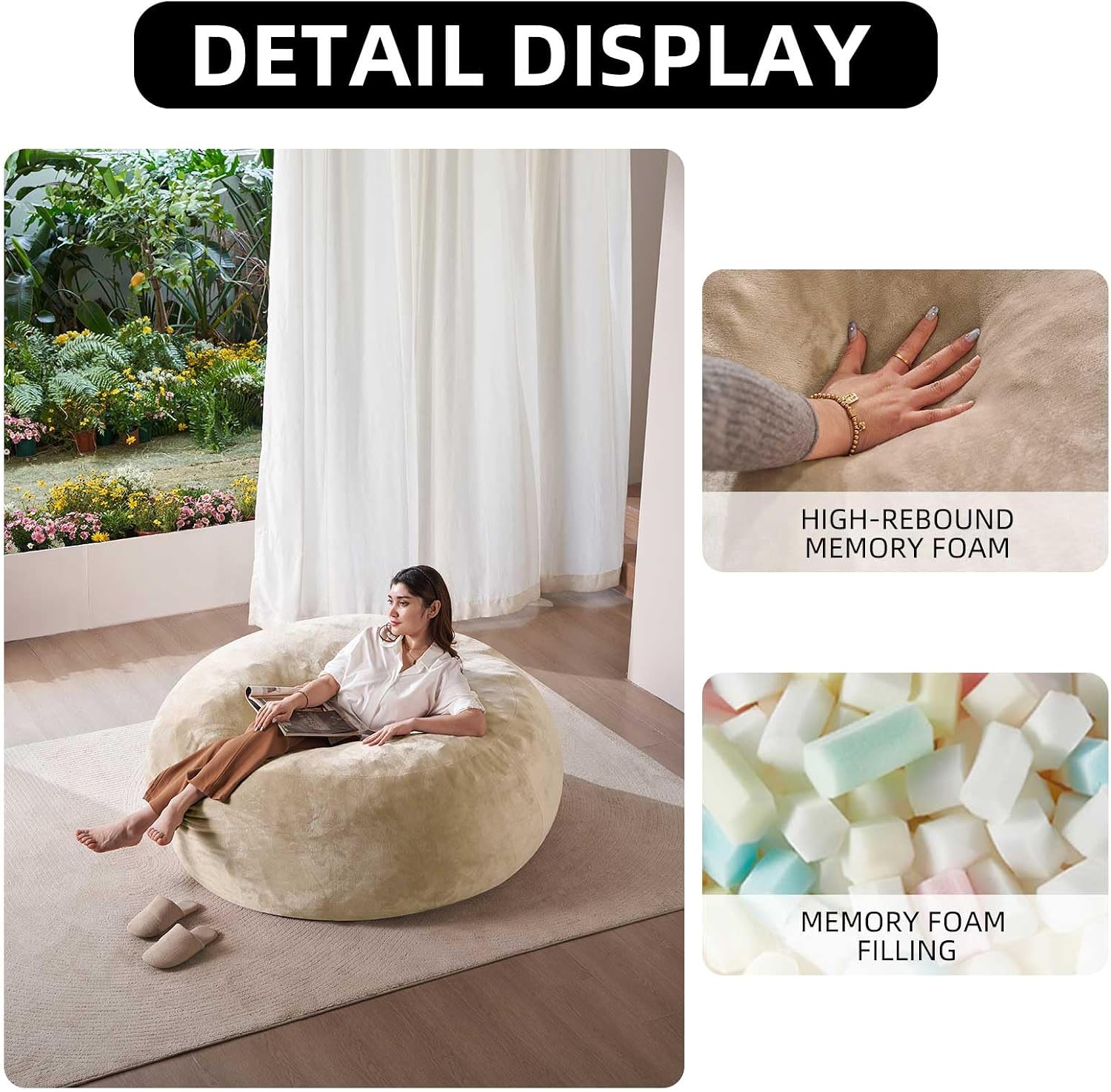 SANAE Oversized 5FT Memory Foam Bean Bag Chair for Adults - Apricot Corduroy Fabric with Filling, Supportive & Washable Plush Movie Night Beanbag, Giant Lounge Chair for Bedroom/Classroom/Dorm