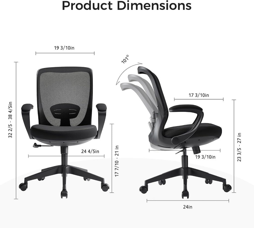 EUREKA ERGONOMIC Armis Ergonomic Office Chair with Back Support Flip up Arms, Home Office Desk Chair for Space Saving, Black, Breathable Backrest Mesh
