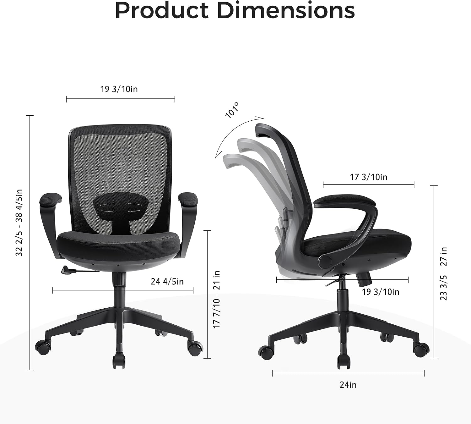 EUREKA ERGONOMIC Armis Ergonomic Office Chair with Back Support Flip up Arms, Home Office Desk Chair for Space Saving, Black, Breathable Backrest Mesh