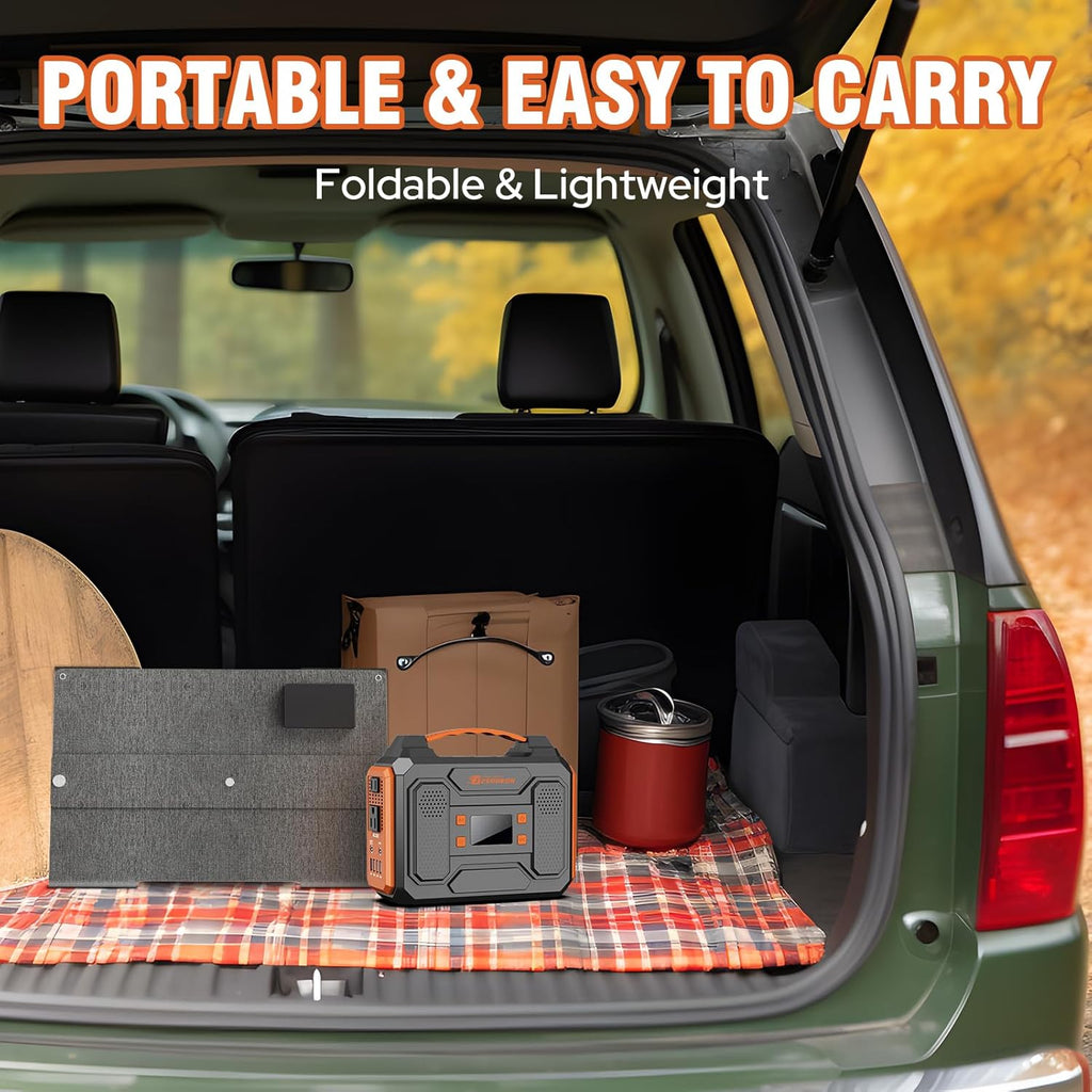300W Portable Solar Generator with Panel, 65W 110V Portable Power Bank with DC AC Outlet with Solar Panel Charger 60W Set for Laptop Smart Devices Tent Camping Outdoor Hiking Power Outage