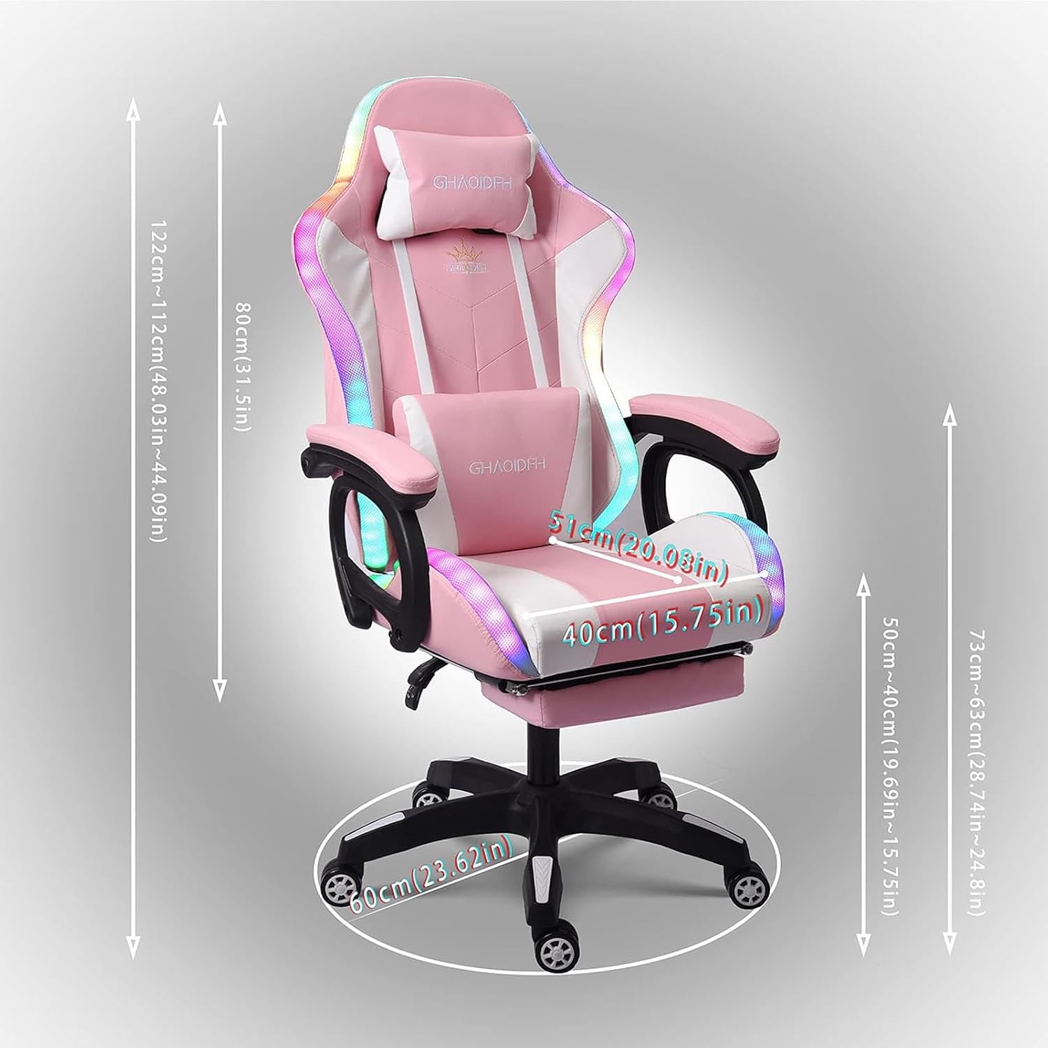 Gaming Chair with Bluetooth Speakers,Computer Chair Massage with LED Lights,Ergonomic Game Chair,Computer Stool with Footrest and Lumbar Support Height Adjustable with 360°-Swivel Seat (Pink)