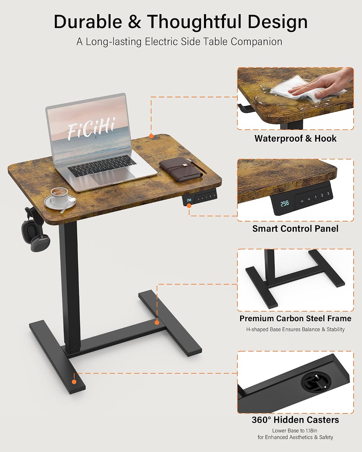 FiCiHi Electric Standing Desk with Wheels – Adjustable Height Mobile Sit-Stand Laptop Table, Portable Rolling Small Computer Workstation for Home Office & Bedside Use (28'x16', Rustic Brown)