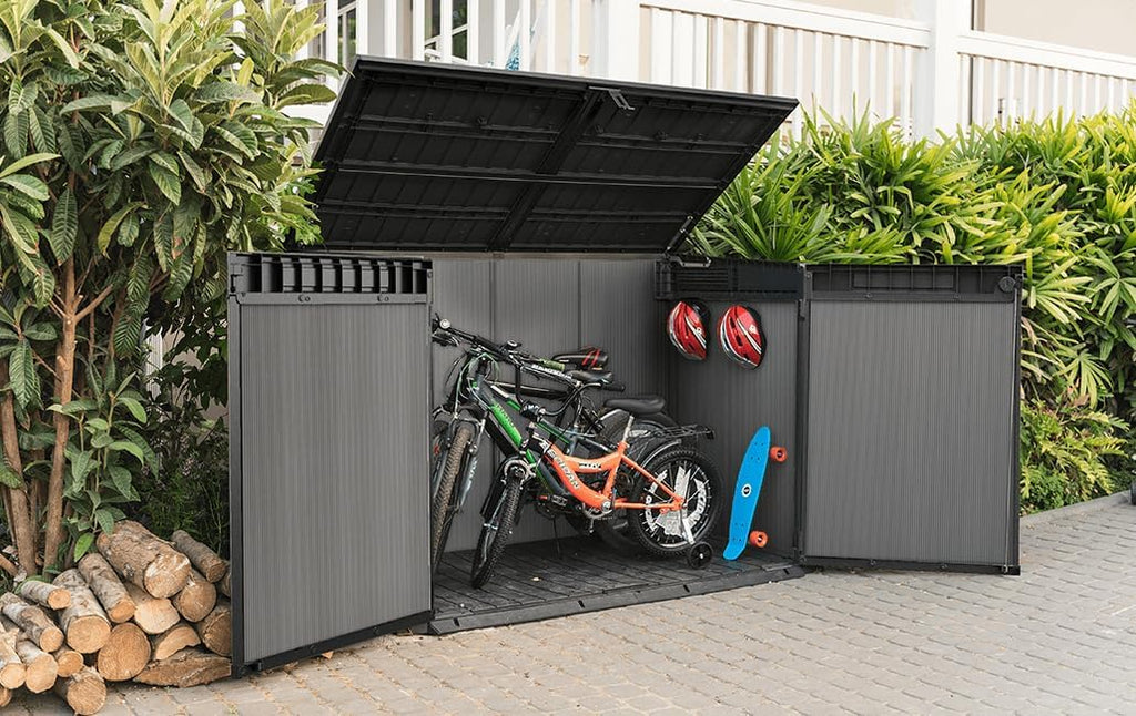 Keter Box Premier Jumbo 2020L Capacity External Dimensions (WxHxD) 190.5 x 132 x 109 cm Fits 3 x 240L or 2 x 360L Wheelie Bins Weatherproof Waterproof Multicoloured Plastic