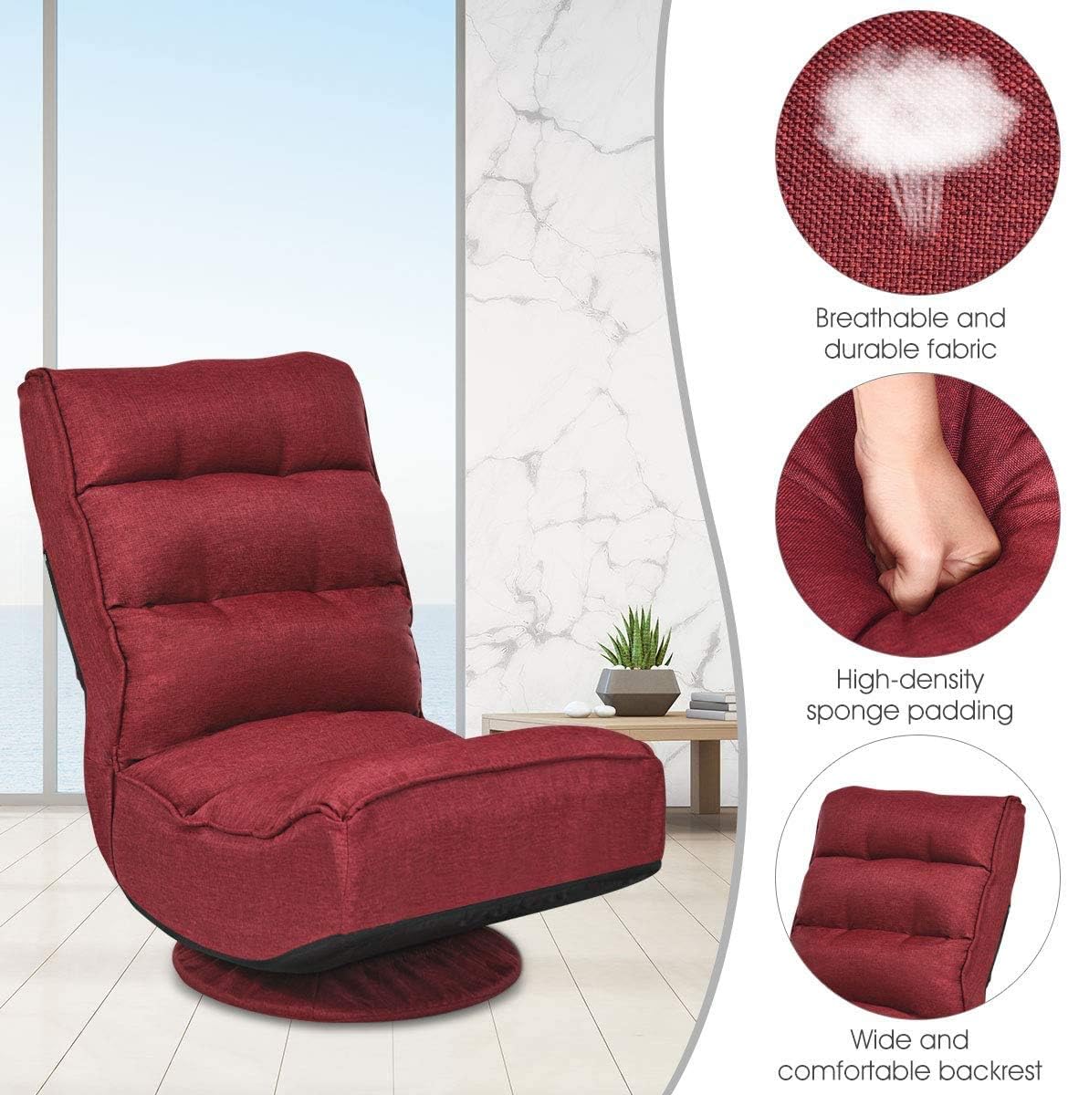 FANTASK 360 Degree Swivel Floor Chair, Folding Floor Sofa w/ 5 Adjustable Positions & Backrest, Lazy Lounge Chair for Relaxing Reading Gaming TV Watching (Burgundy)