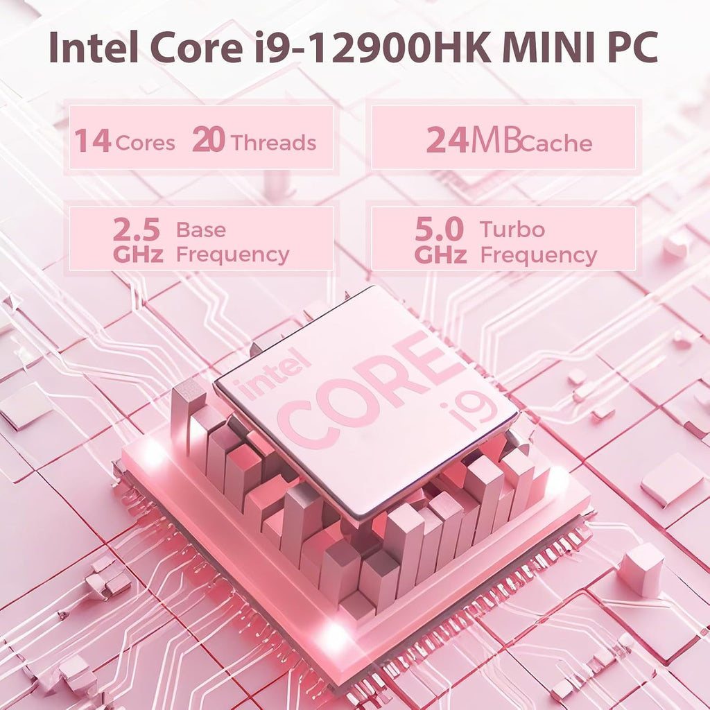 Mini Gaming PC, Intel Core i9-12900HK, RTX 3050Ti 8G Mini Gaming Computer with RGB Lights, 32GB RAM 1TB PCIe4.0 SSD, Triple Display/2.5G LAN/WiFi 6E BT 5.3, Win 11 Pro Desktop PC, Pink