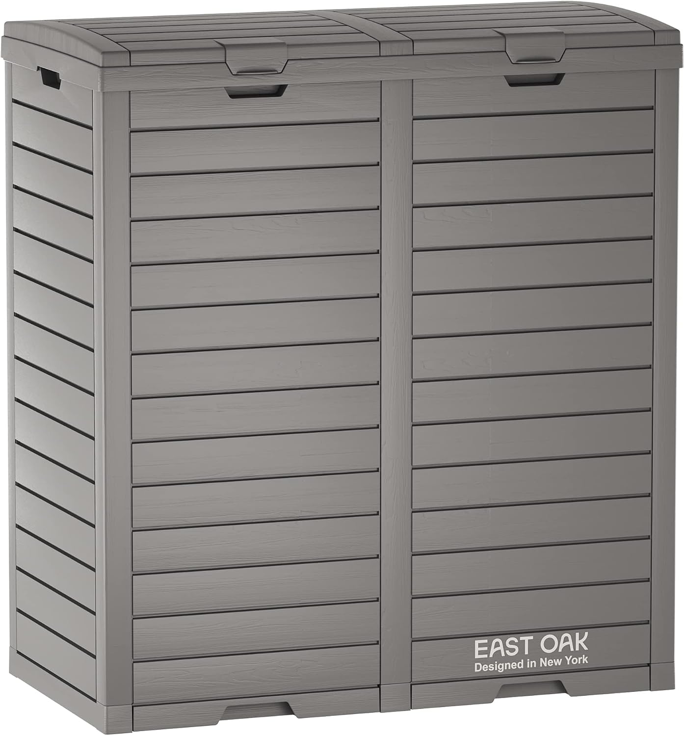 East Oak 62 Gallon Outdoor Trash Can | Waterproof Resin Garbage Can Featuring Tiered Lid & Drip Tray | Outside Trash Bin for Kitchen, Patio | Backyard & Deck | Gray Color