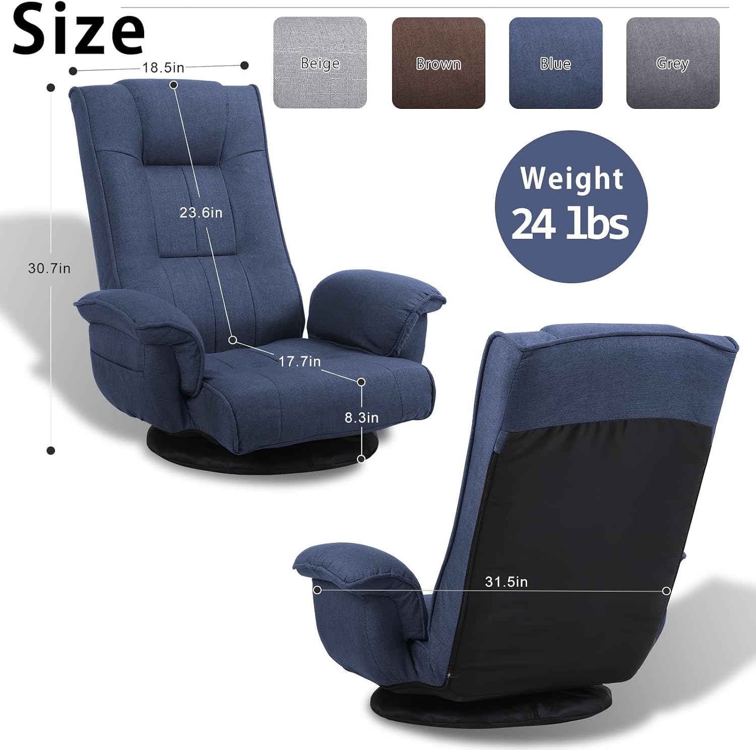 360 Degree Swivle Adjustable Floor Chair, Chaise Lounge Indoor, Folding Lazy Sofa with Armrests and Side Pocket Adults Gaming Chairs for Living Room, Bedroom Factory Price 201 (BL)