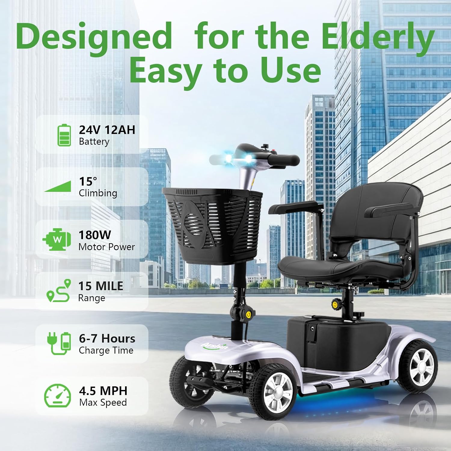 Mobility Scooter for Adults, Senior, 4 Wheels Electric Powered Chargeable Device for Travel, Lightweight and Portable, with LED Headlights and Basket, Charger Included, Red/Blue (Silver/Black)