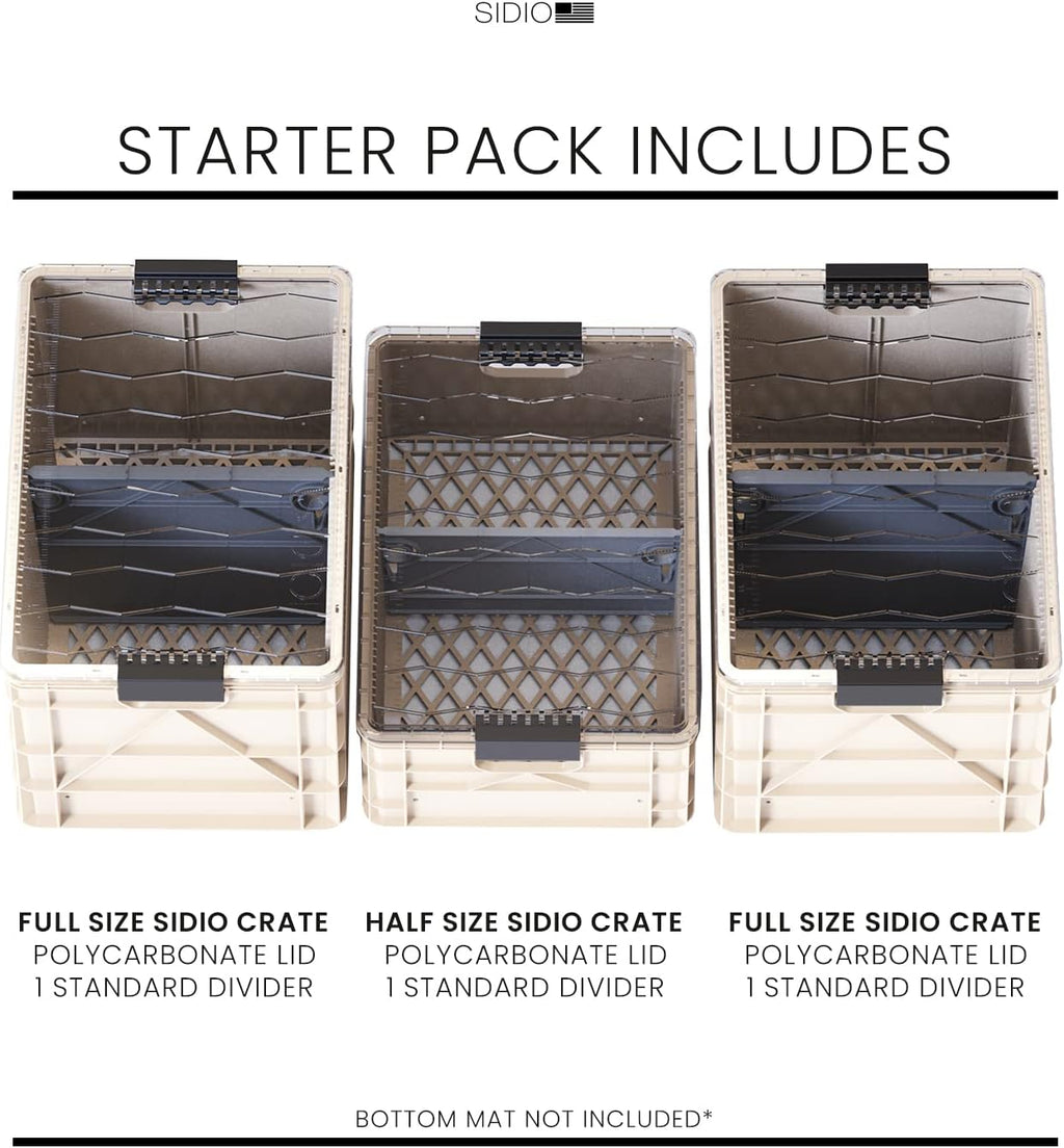 SIDIO CRATE Starter Pack - Two Full Size and One Half Size SidioCrate, Stackable Outdoor Organizer Storage Bins with Clear Lid and Dividers - Tan