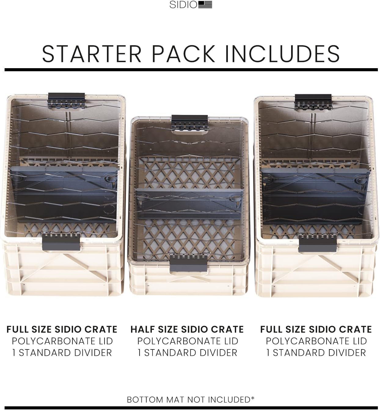 SIDIO CRATE Starter Pack - Two Full Size and One Half Size SidioCrate, Stackable Outdoor Organizer Storage Bins with Clear Lid and Dividers - Tan