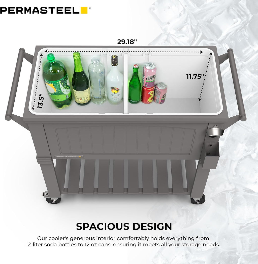 Permasteel Party Cooler with Divider, Spacious 80-Qt Capacity, Chills 36hrs, Serving Tray, Rolling Ice Chest for Indoor and Outdoor Entertainment, Matte Gray