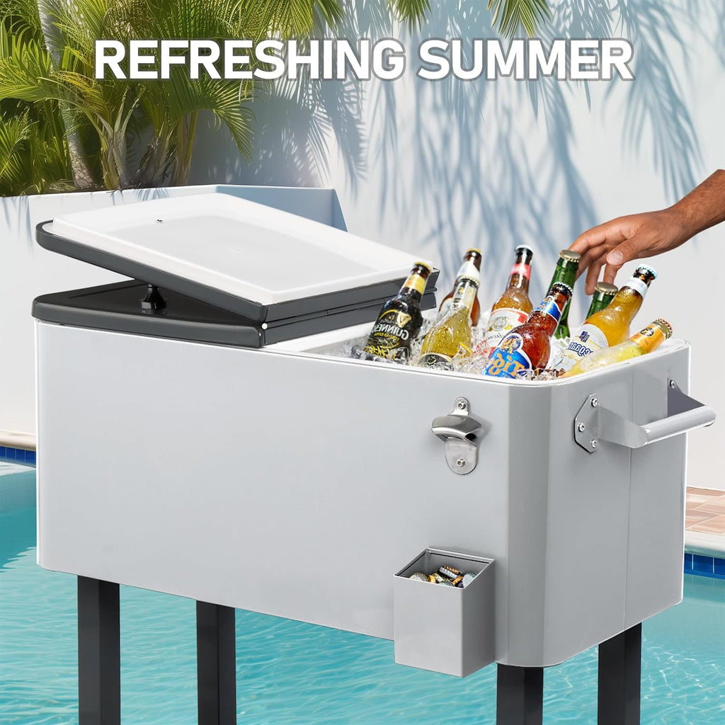 Outvita 80 Quart Rolling Ice Chest, Portable Bar Drink Cooler with Catch Basin, Bottom Storage Tray and Bottle Opener for Patio Party BBQ Beach Activities