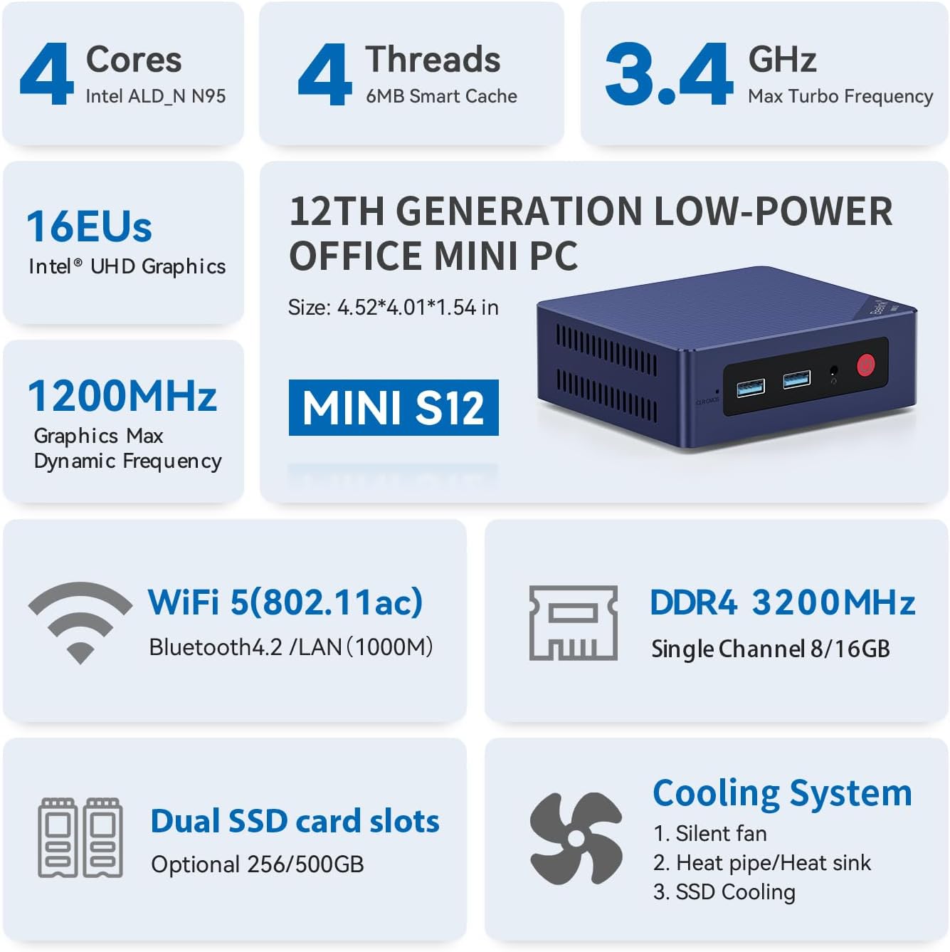 Beelink MINI S12 Mini PC, Intel 12th Gen 4-Core N95(up to 3.4GHz), Mini Computer 8GB DDR4 RAM 256GB SSD, Mini Desktop PC Dual HDMI 4K UHD/Dual Display/WiFi5/BT4.2/Home/Office/HTPC/Family-NAS