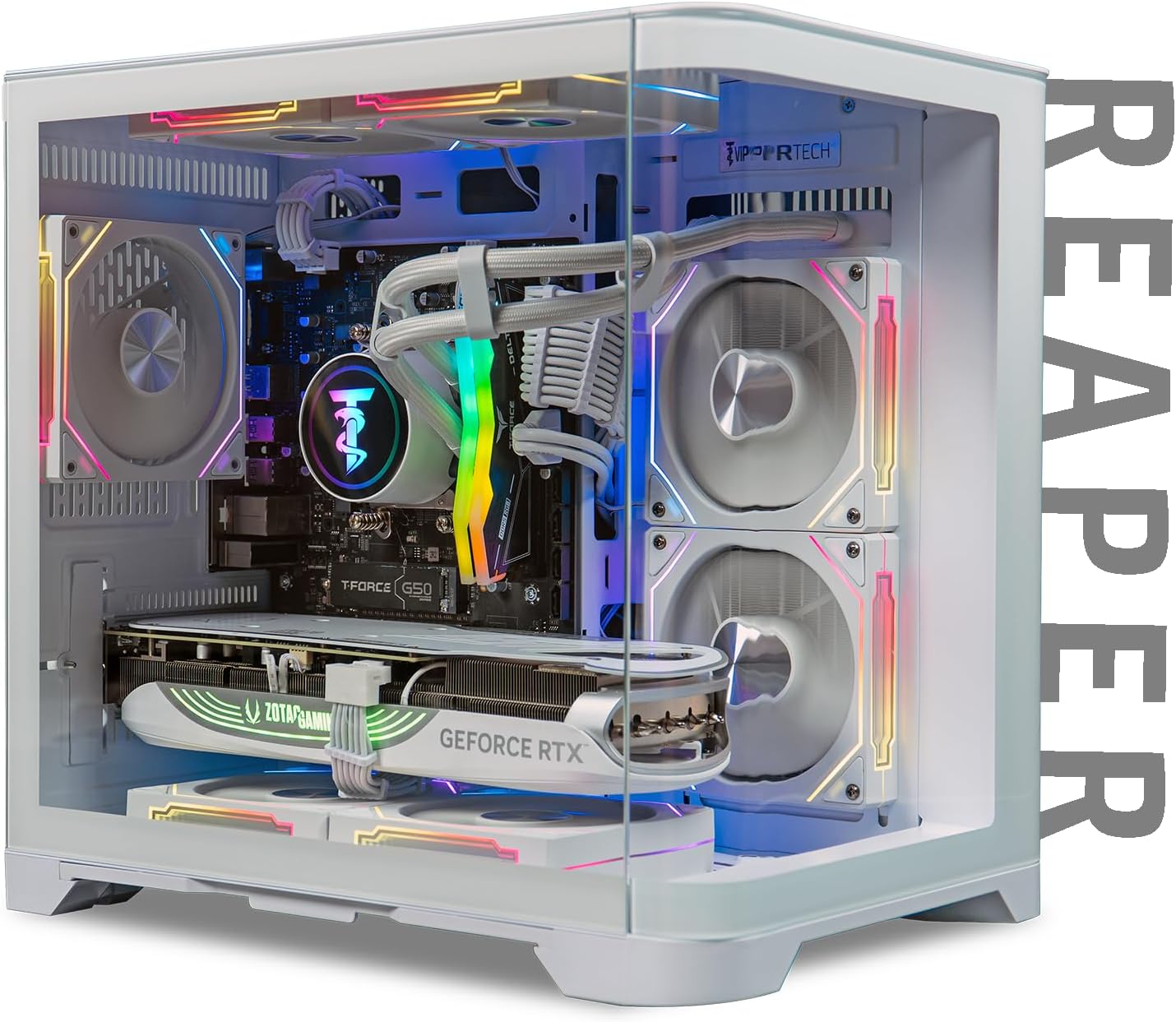 ViprTech Reaper 4.0 Gaming PC - AMD Ryzen 7 8700F (5.0Ghz Liquid Cooled), RTX 5070 12GB, 32GB DDR5 RAM, 2TB NVMe SSD, 800W Gold, VR-Ready, WiFi BT, Win 11, Desktop Computer Prebuilt, White
