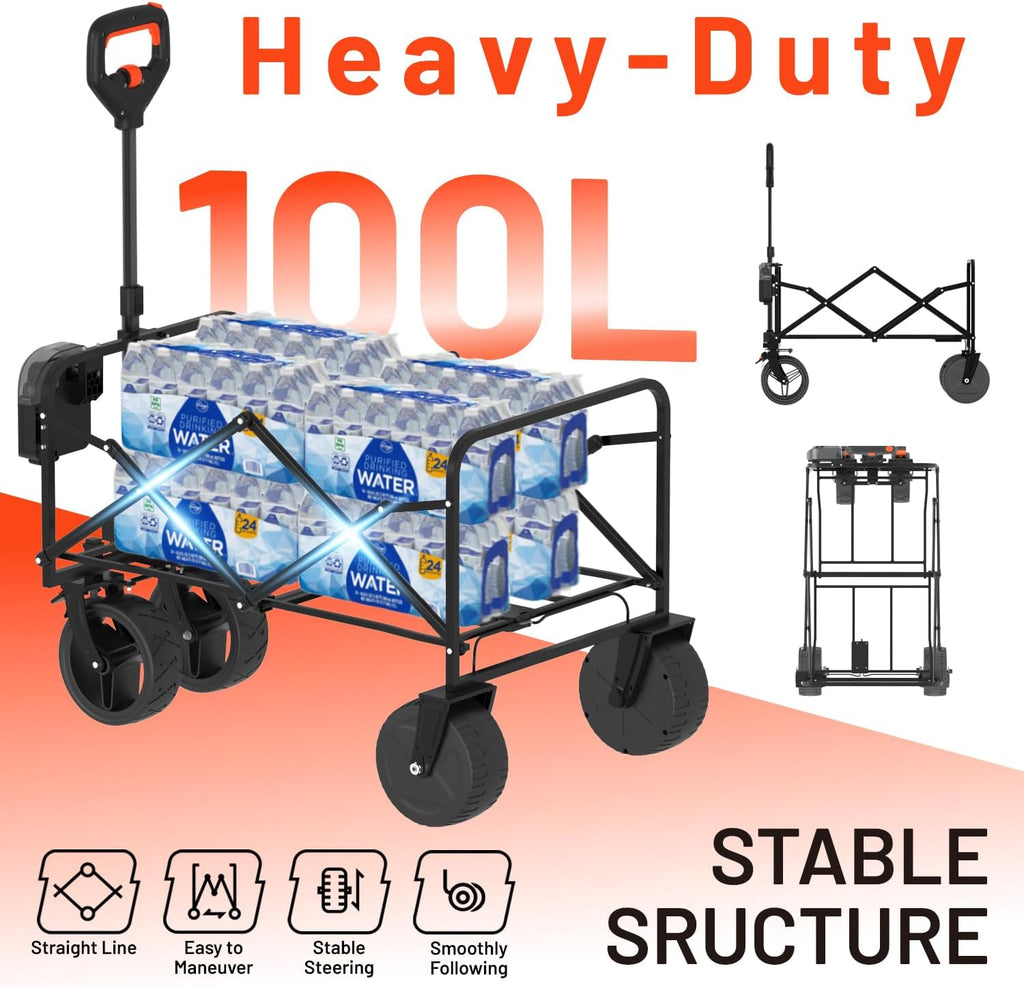 Litheli Electric Collapsible Wagon Cart Foldable, 100L Portable Folding Wagon Cart with Wheels, Outdoor Lightweight Utility Carts for Beach Grocery Camping Shopping，Black