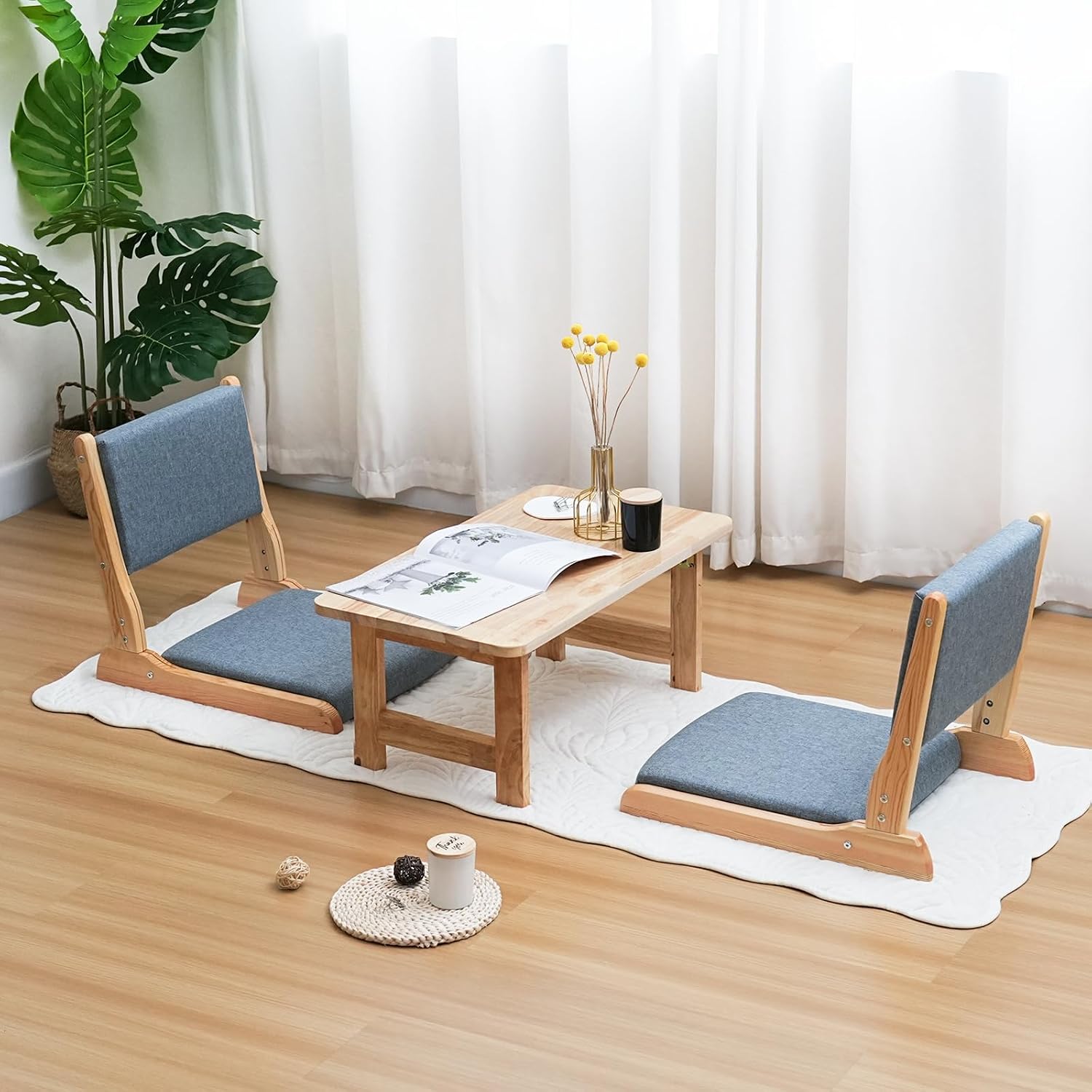 Japanese Floor Chair with Back Support, Foldable Meditation Chair, Legless Tatami Chair with Cushion, Floor Seat for Living Room, Bedroom, Bay Window (2, Dark Gray)