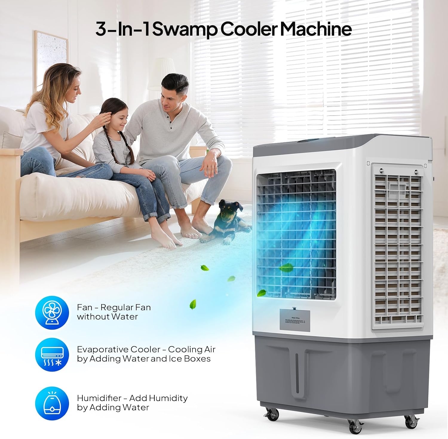 ROVSUN 2900CFM Portable Air Cooler, 15.8Gal/60L Evaporative Swamp Cooler, 3-IN-1 Cooling Fan with Water Connected, Remote Control, 3 Speeds, 12H Timer & 4 Ice Box, Humidifying Oscillating Fan