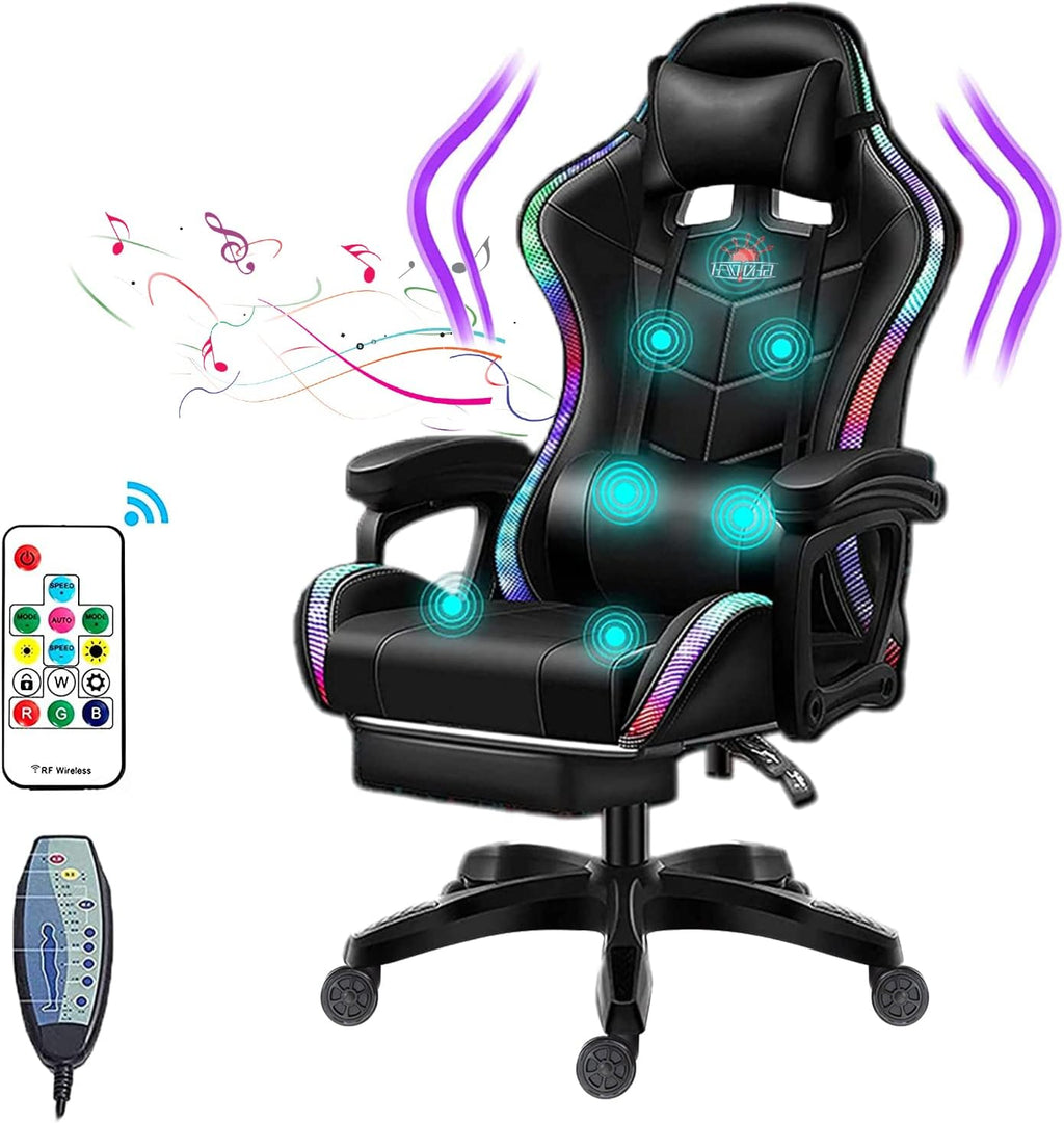 Gaming Chair Massage with Footrest, RGB Gaming Chair with Speakers Video Game Chair with Headrest and Lumbar Support Backrest Adjustable Reclining Gamer Chair