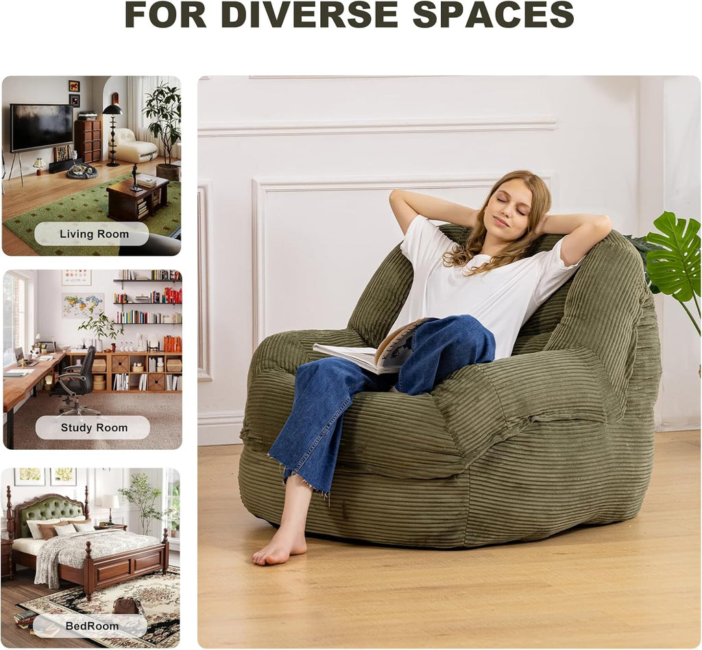 Giant Bean Bag Chair with Armrests - Oversized Cozy Seating for Adults, Corduroy Fabric & High-Resilience Foam Filling, Ideal Lounge for Living Room, Bedroom & Gaming Room (Olive Green)