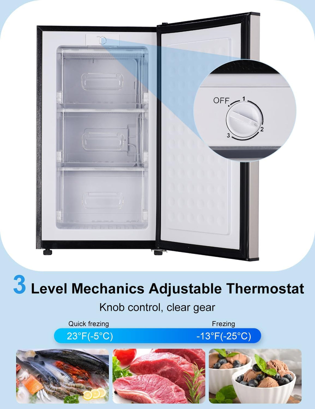 Upright Freezer, 3.2 Cu Ft Mini Small Freezer for 1-2 People, Portable Compact Freezer with 3 Plastic Baffles, 4D Cooling & 40dB Ultra-Quiet, Fast Freeze (-13°F) - Silver