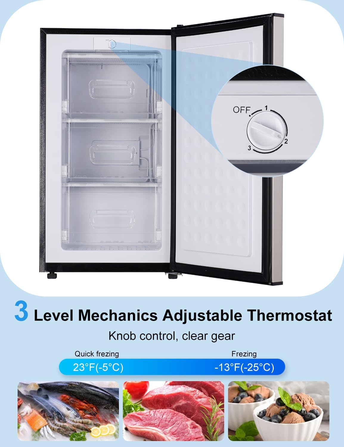 Upright Freezer, 3.2 Cu Ft Mini Small Freezer for 1-2 People, Portable Compact Freezer with 3 Plastic Baffles, 4D Cooling & 40dB Ultra-Quiet, Fast Freeze (-13°F) - Silver