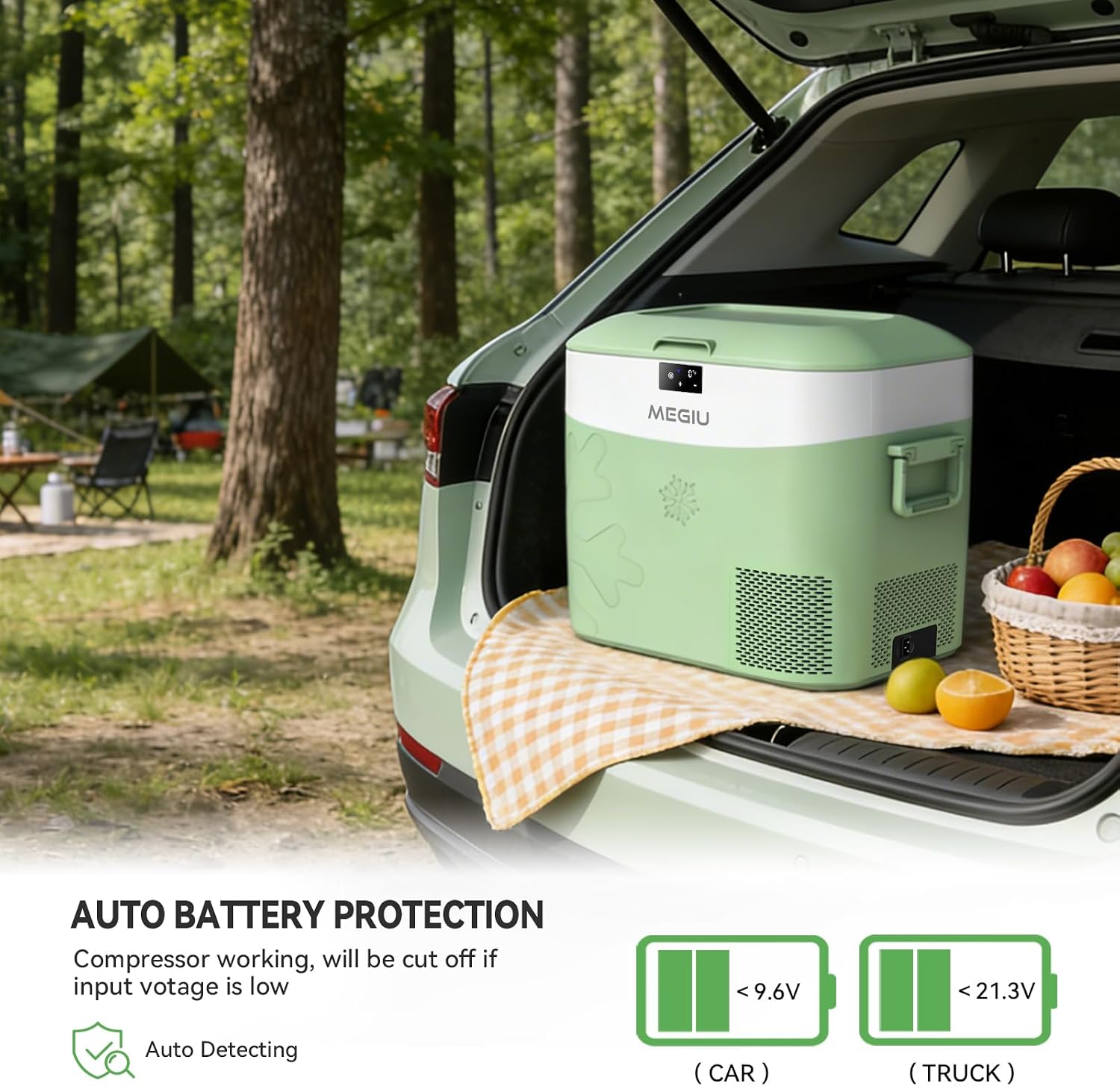 Megiu Car Fridge Portable 12 Volt Refrigerator 23 Quart (22 Liter) Freezer Compressor Cooler 12V/24V DC 110～240 V AC for Outdoor, Camping, Travel, Home Use -18℃~+15℃ (Green)