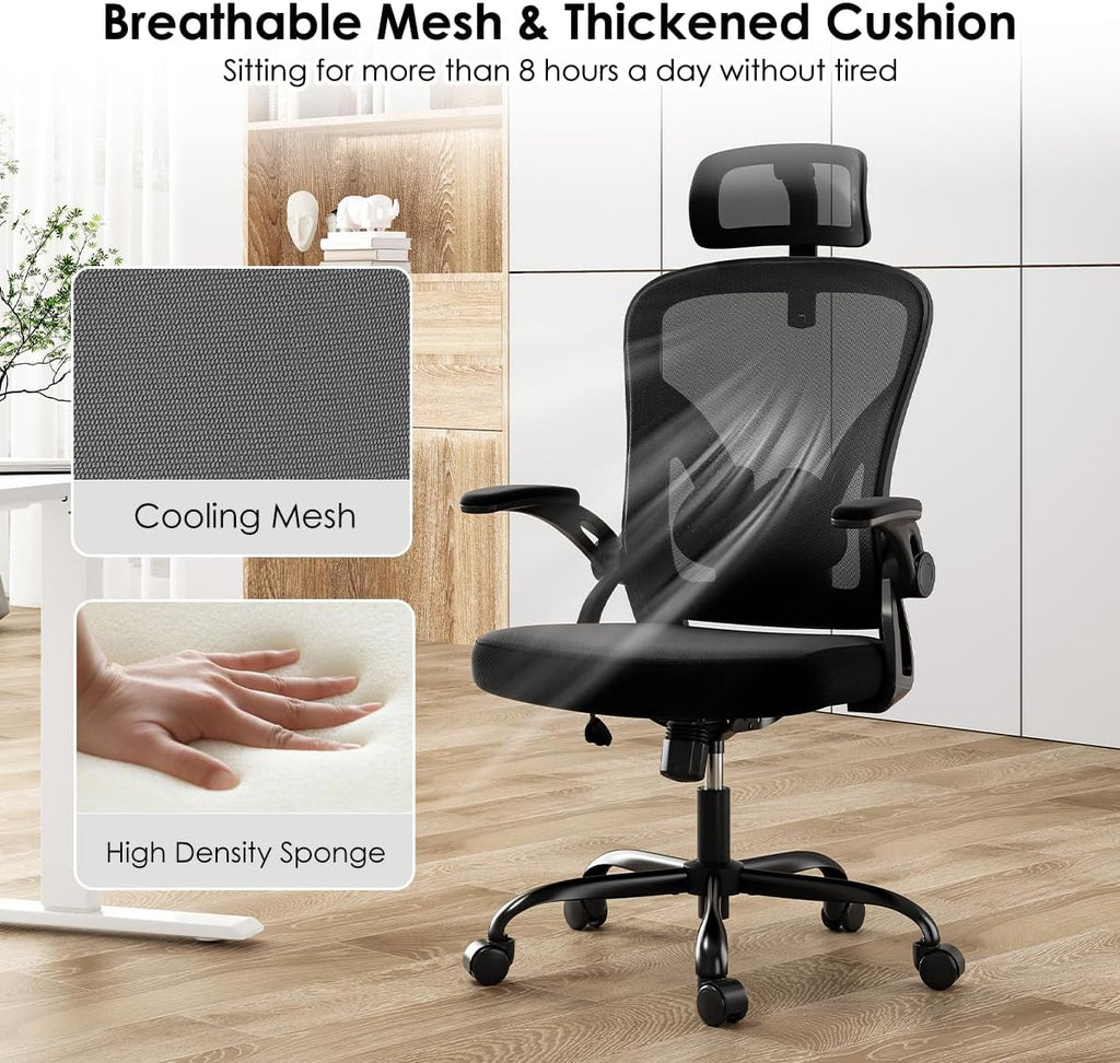 Farini Ergonomic Office Chair, Home Office Desk Chair with Headrest, High Back Swivel Computer Chair with Armrests and Adjustable Lumbar Support for Home Office Study Room, Black & Dark Black