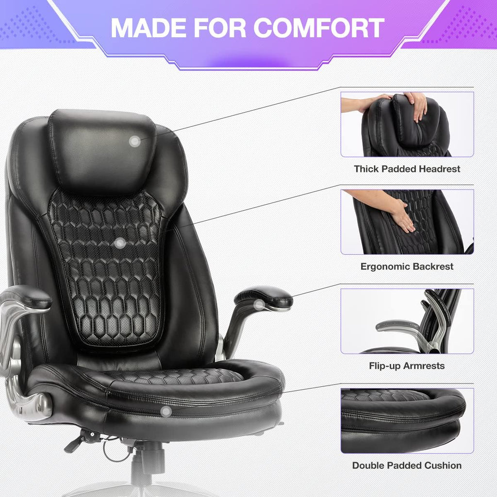 Ergonomic Executive Office Chair, High Back Leather Desk Chair with Flip-up Arms and Adjustable Height, Swivel Rolling Computer Chair with Heavy Duty Metal Base,300lbs,Black for Home Office or Study