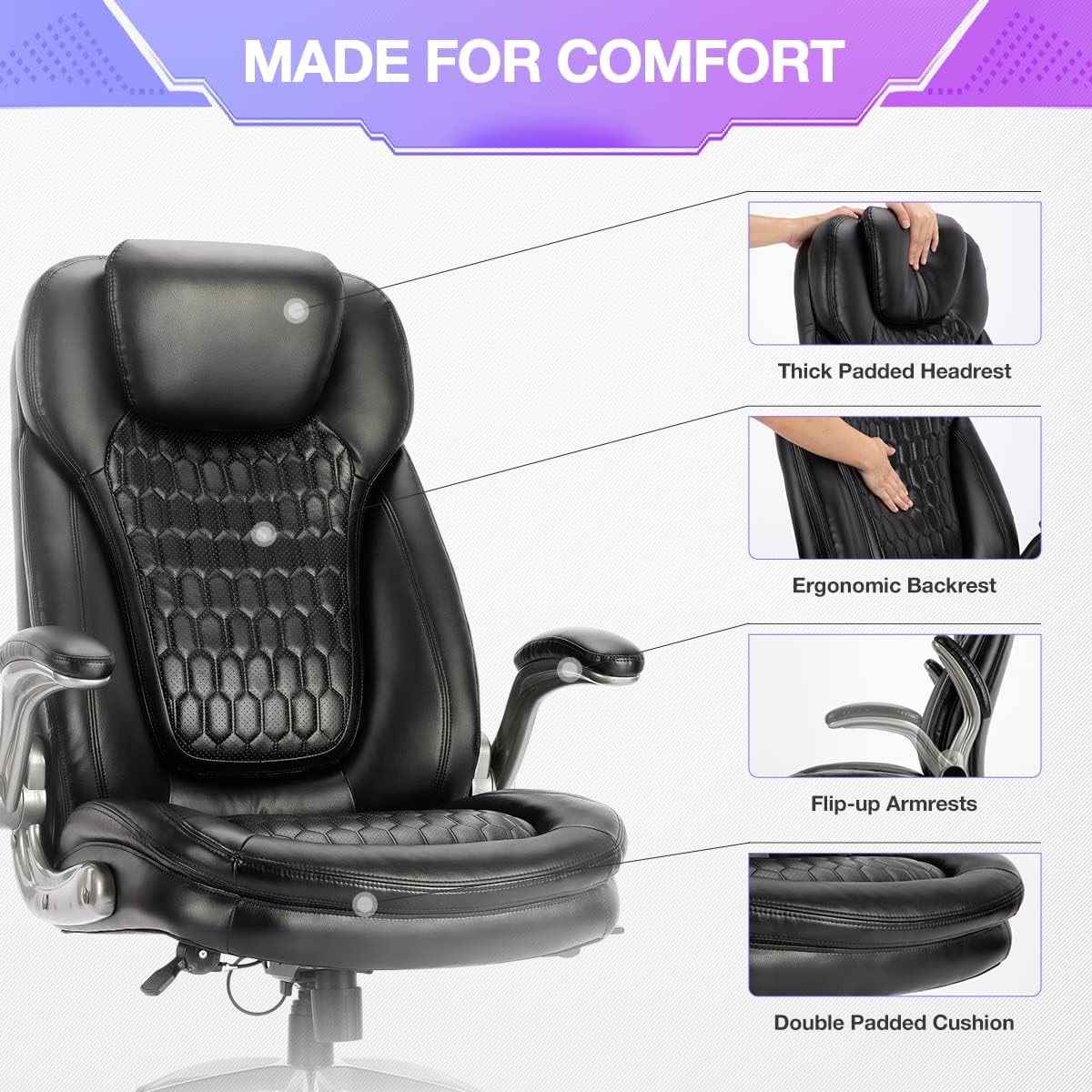 Ergonomic Executive Office Chair, High Back Leather Desk Chair with Flip-up Arms and Adjustable Height, Swivel Rolling Computer Chair with Heavy Duty Metal Base,300lbs,Black for Home Office or Study