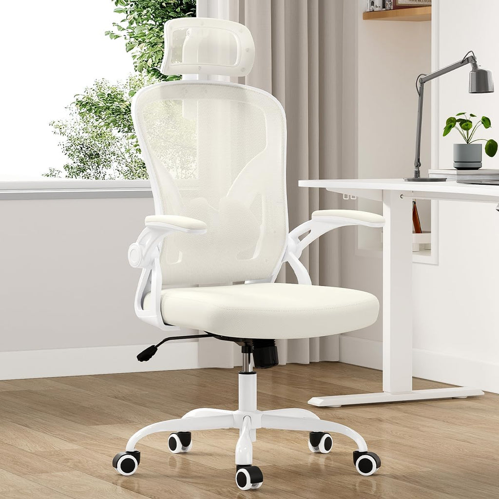 Farini Ergonomic Office Chair, Home Office Desk Chair with Headrest, High Back Swivel Computer Chair with Armrests and Adjustable Lumbar Support for Home Office Study Room, White & Beige