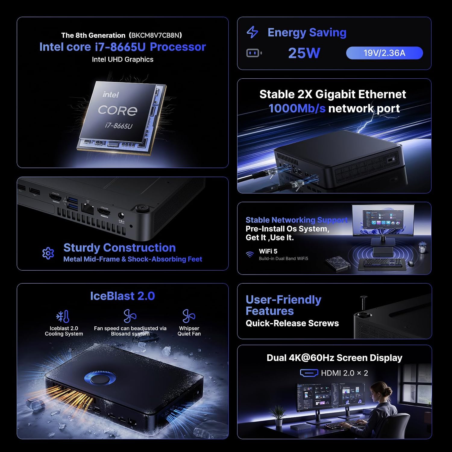 Intel NUC NUC8V7CB8N Slim Mini PC 8GB DDR3 RAM & 256GB SSD Versatile Computers with Intel Core i7-8665U Processor, Support HDMI Dual 4K UHD/Bluetooth 5.1/Windows 11 Pro preinstalled
