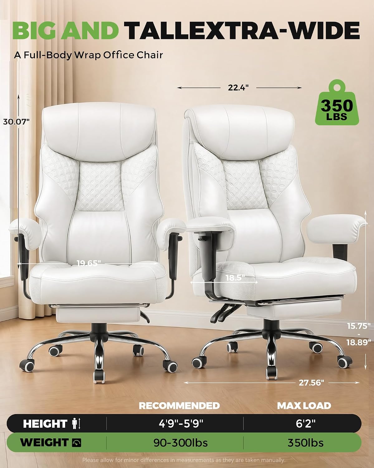 GTPLAYER Big and Tall Office Chair, High Back Computer Gaming Chair with Ergonomic Lumbar Support &Pocket Spring Cushion for Lower Back Pain Relief, Leather Executive Chair with Foot Rest, White