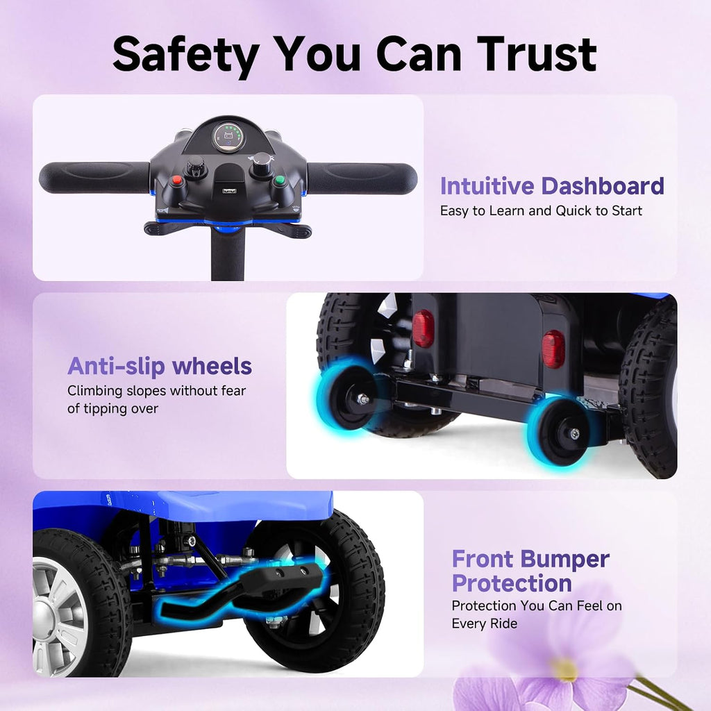 Mobility Scooter for Adults, Senior, 4 Wheels Electric Powered Chargeable Device for Travel, Lightweight Mobility Scooter, with LED Headlights and Basket, Charger Included