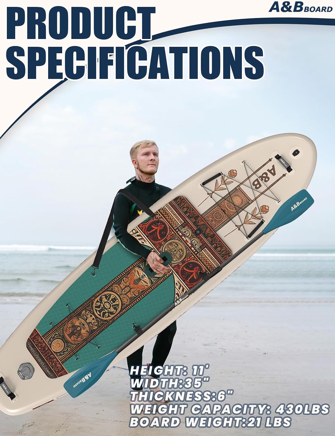 ABBOARD Inflatable Stand Up Paddle Board - Extra Wide Fishing Paddleboard with Sup Accessories Youth/Adults