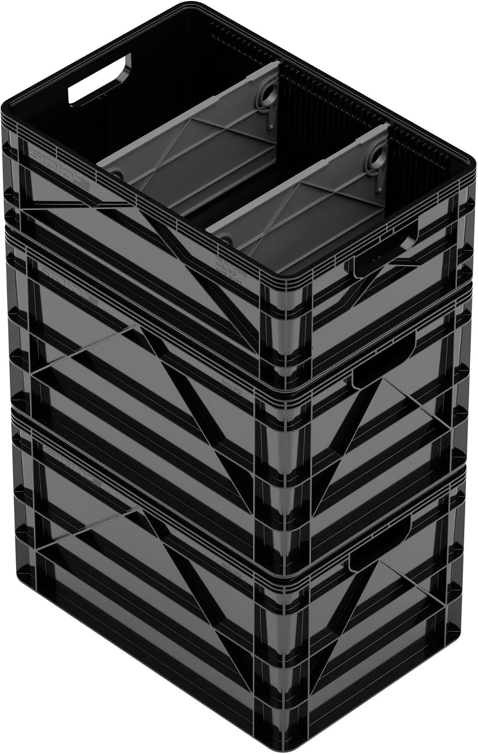 SIDIO Crate Basic Pack - 2 Full-Size & 1 Half-Size Heavy Duty Stackable Storage Bins, Totes and Containers with Dividers - Durable Plastic Organizer for Home, Office, Garage, and Outdoor Use, Black