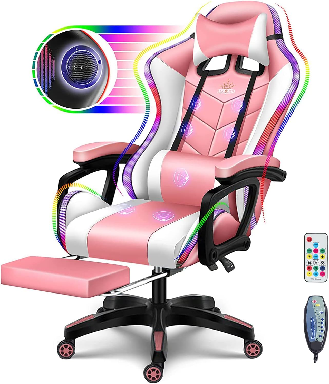 Full Massage Gaming Chair with Speakers and LED Lights Ergonomic Office Chair with Footrest Lumbar Support Adjustable Height Racing Game Chair PU Leather Computer Chair for Adults Teens,Pink