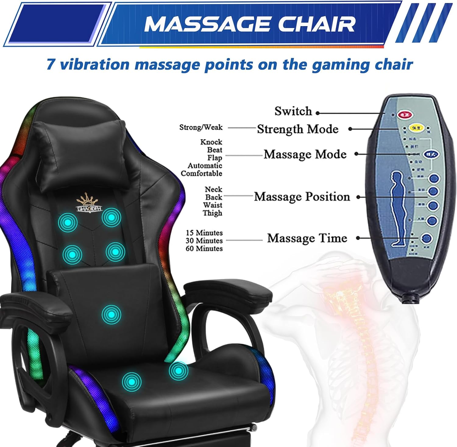 Massage Gaming Chair with Speakers Video Game Chair with RGB LED Lights Ergonomic Racing Office Chair PU Leather Recliner Computer Chair Swivel Chair with Headrest Armrest Lumbar Support,Black