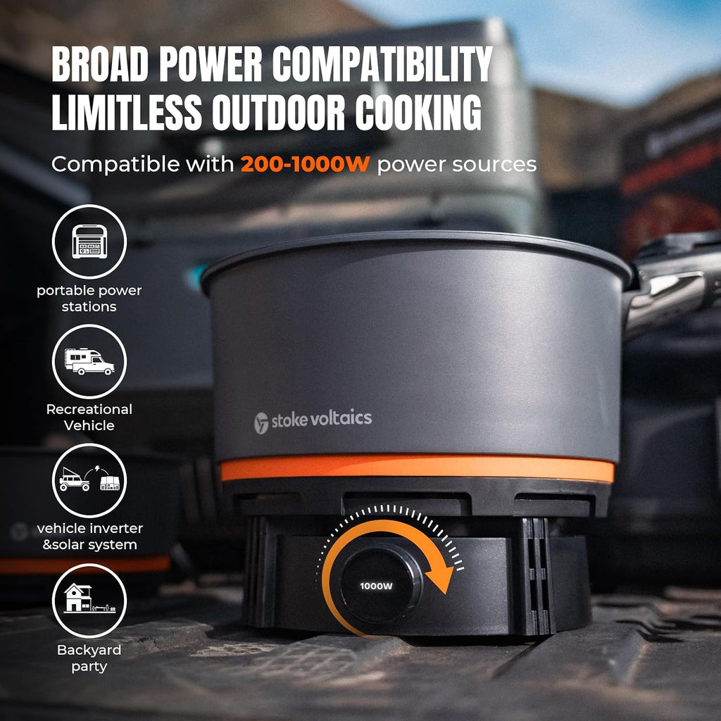 Stoke Voltaics Nomad Cooking System with Bag, Electric Camping Stove 200-1000W with Pan & Pot, 120V Portable Outdoor Cooking Gear Set, Windproof Cookware for RV, EV, Overland, Vanlife, Car Camping