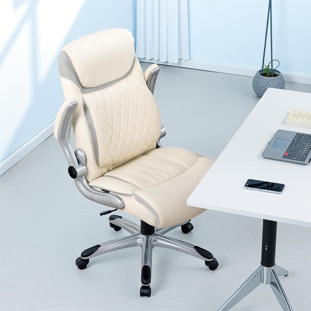 COMHOMA Big and Tall High Back Office Chair 400LBS Wide Leather Executive Chair Height Adjustable Lumbar Support & Armrests, Comfy Desk Gaming Chairs Computer Swivel Chair, Beige