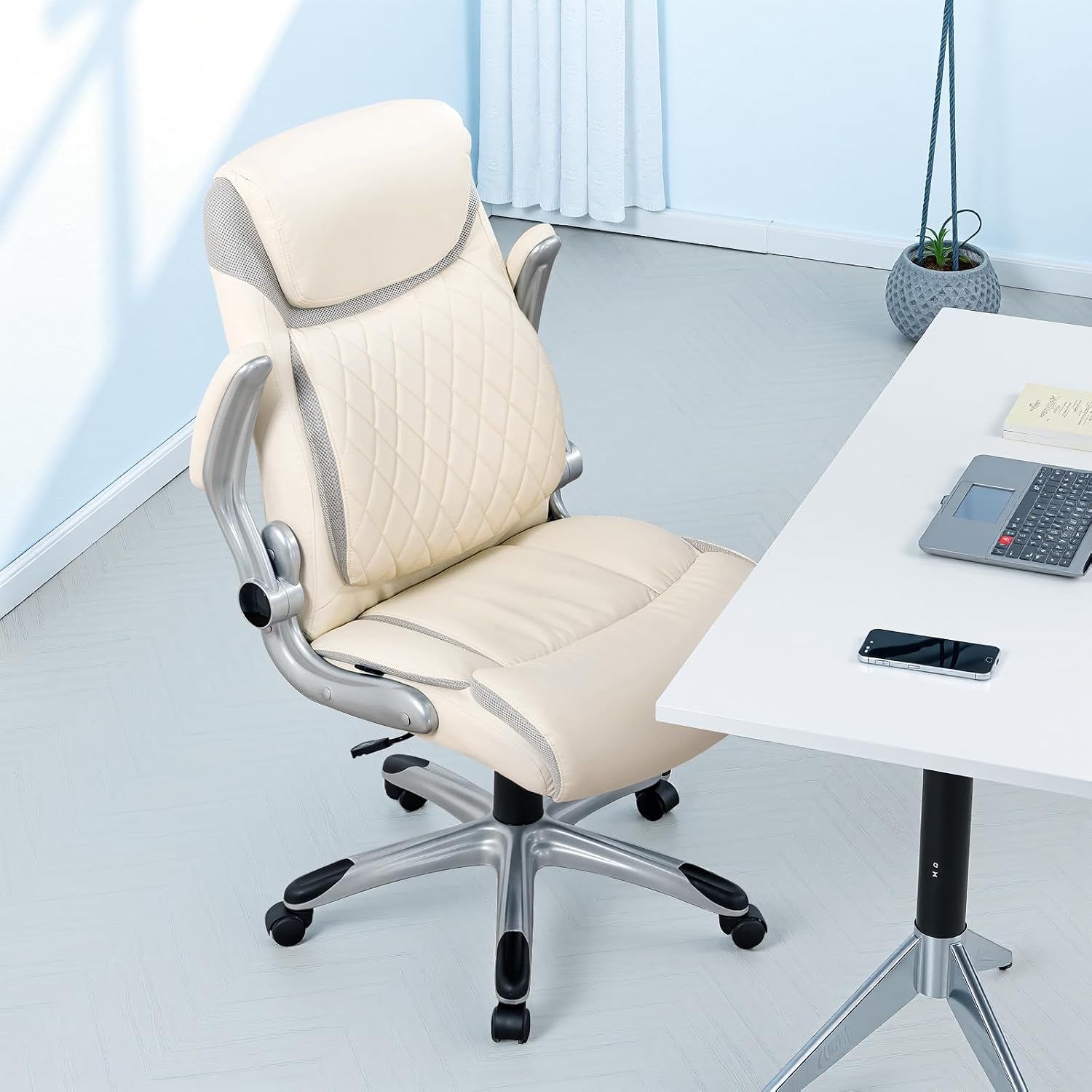COMHOMA Big and Tall High Back Office Chair 400LBS Wide Leather Executive Chair Height Adjustable Lumbar Support & Armrests, Comfy Desk Gaming Chairs Computer Swivel Chair, Beige