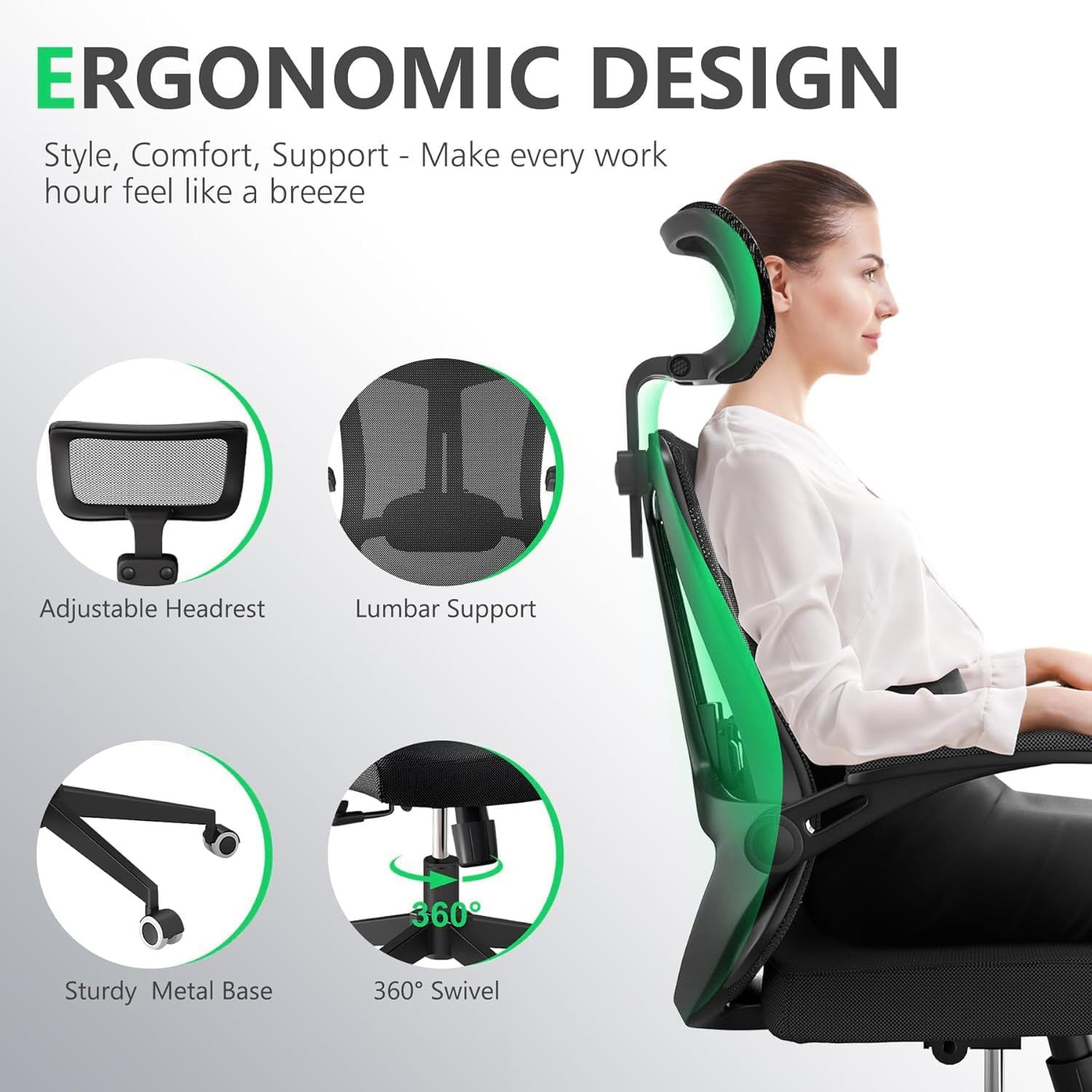300 LBS Ergonomic Office Computer Mesh Chair - Adjustable Height Rolling Desk Chair with Flip-Up Armrests & High Back Support - Comfortable Swivel Task Chair for Home Office