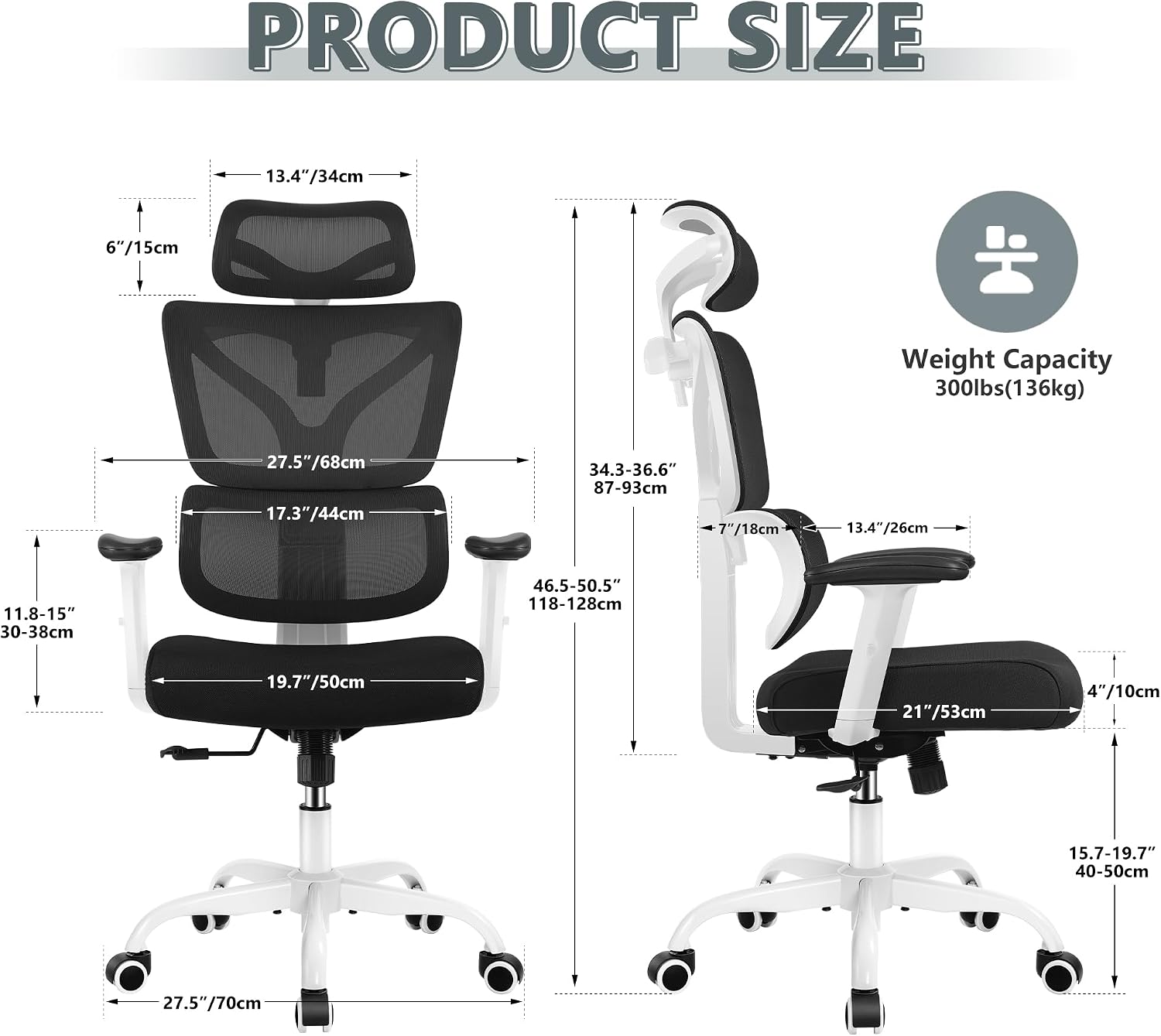 Winrise Office & Gaming Chair, High Back Ergonomic Reclining Desk Chair, Big & Tall, Comfy Home Office, Breathable Mesh, Adjustable Armrests (White)