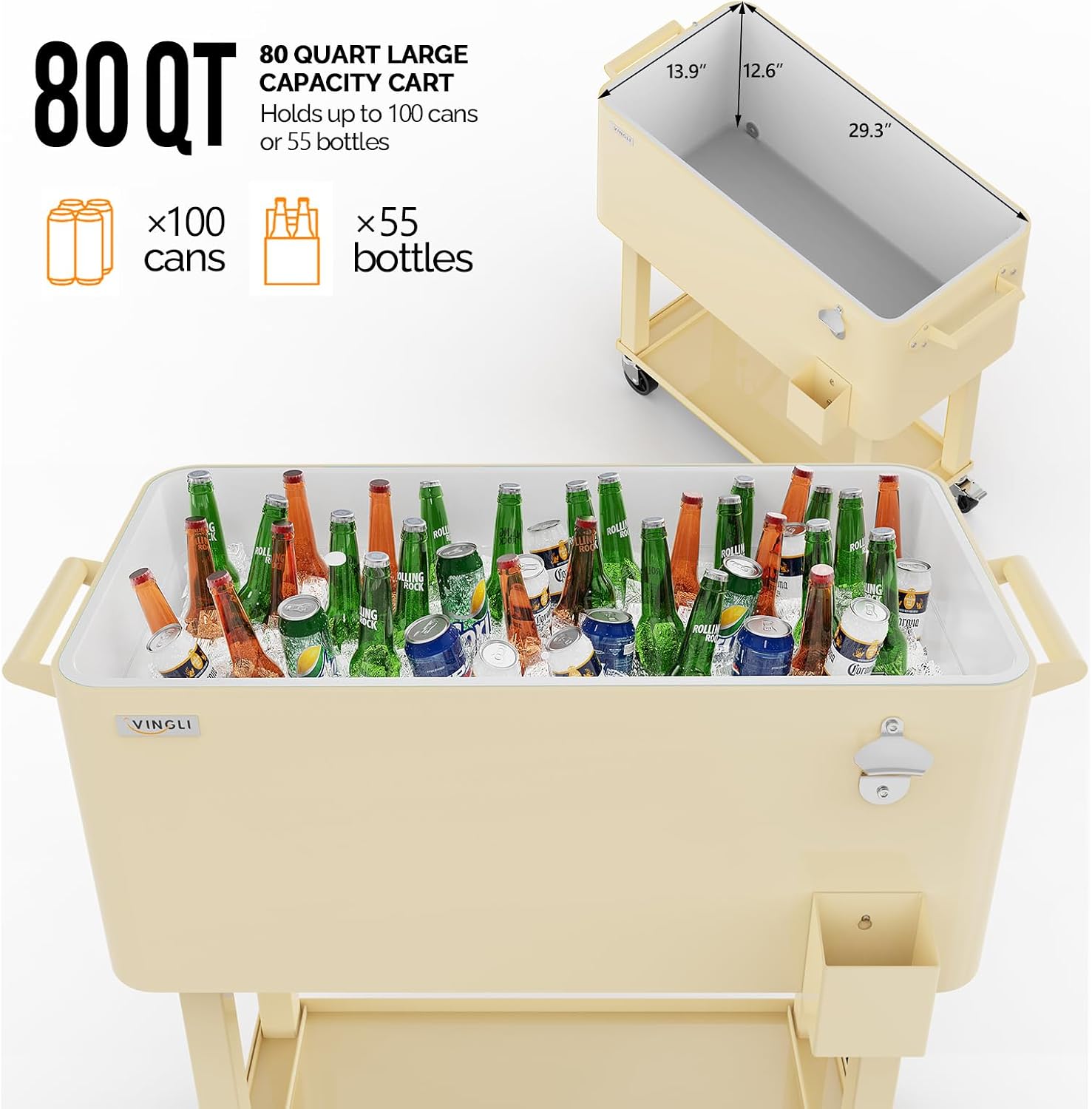 VINGLI Rolling Ice Chest, Portable Patio Party Bar Drink Cooler Cart, with Shelf, Beverage Pool with Bottle Opener