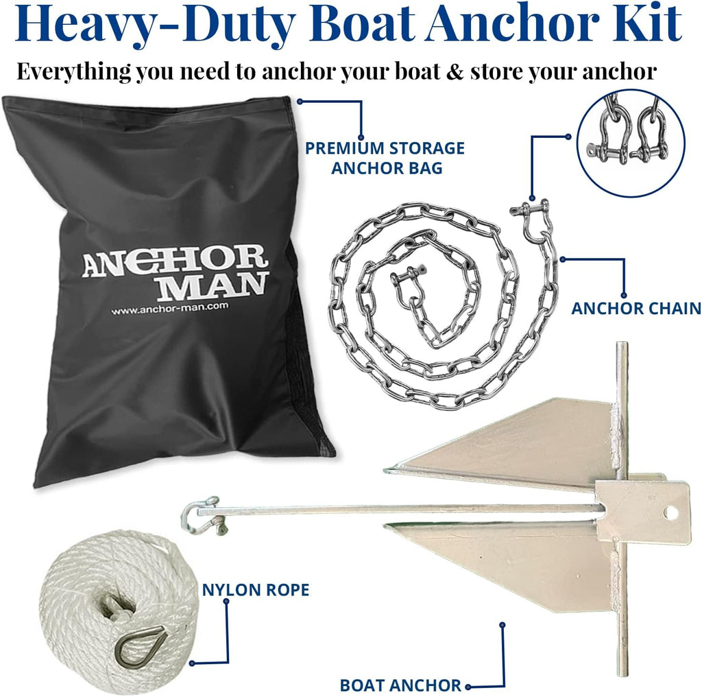 Anchor-Man Premium Boat Anchor Kit, Fluke Style Small Boat Anchor Kit, Includes Sea Anchor Chain, Anchor Rope & Free Anchor Storage Bag